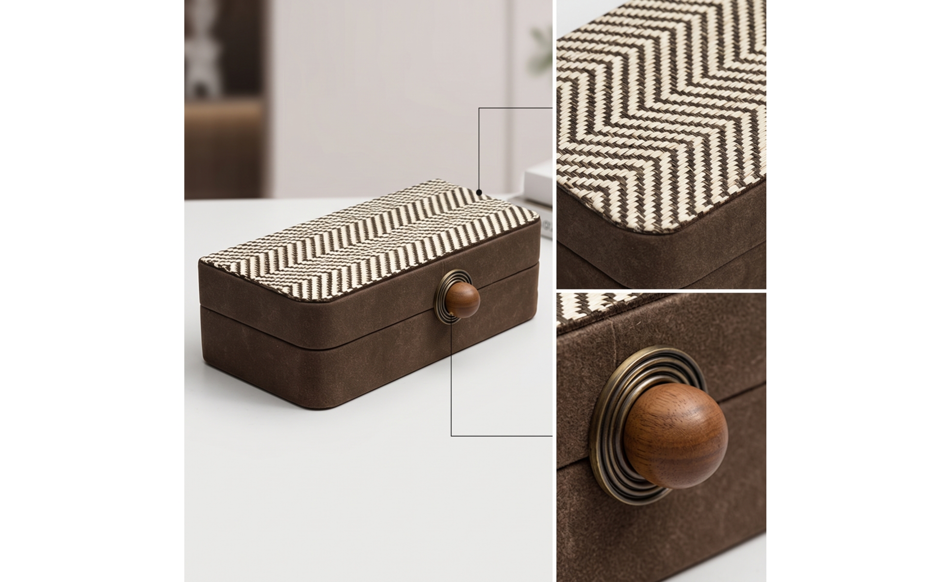 Tissue Box with Wooden Knob Leather-Like Desktop Storage Box Striped for Vanity