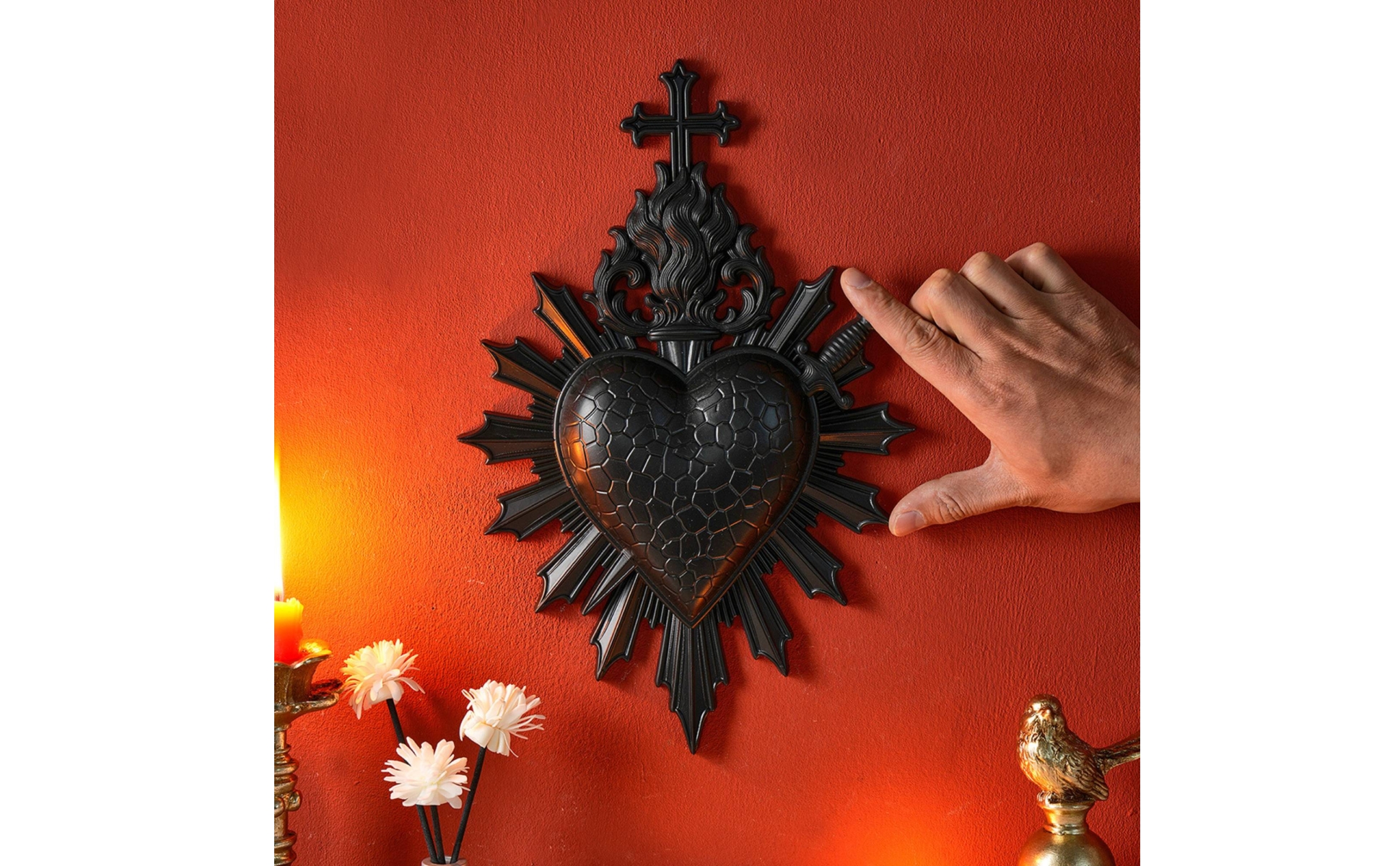 Sacred Heart Plaque Gothic Heart Wall Decor with Cross Religious for Entryway