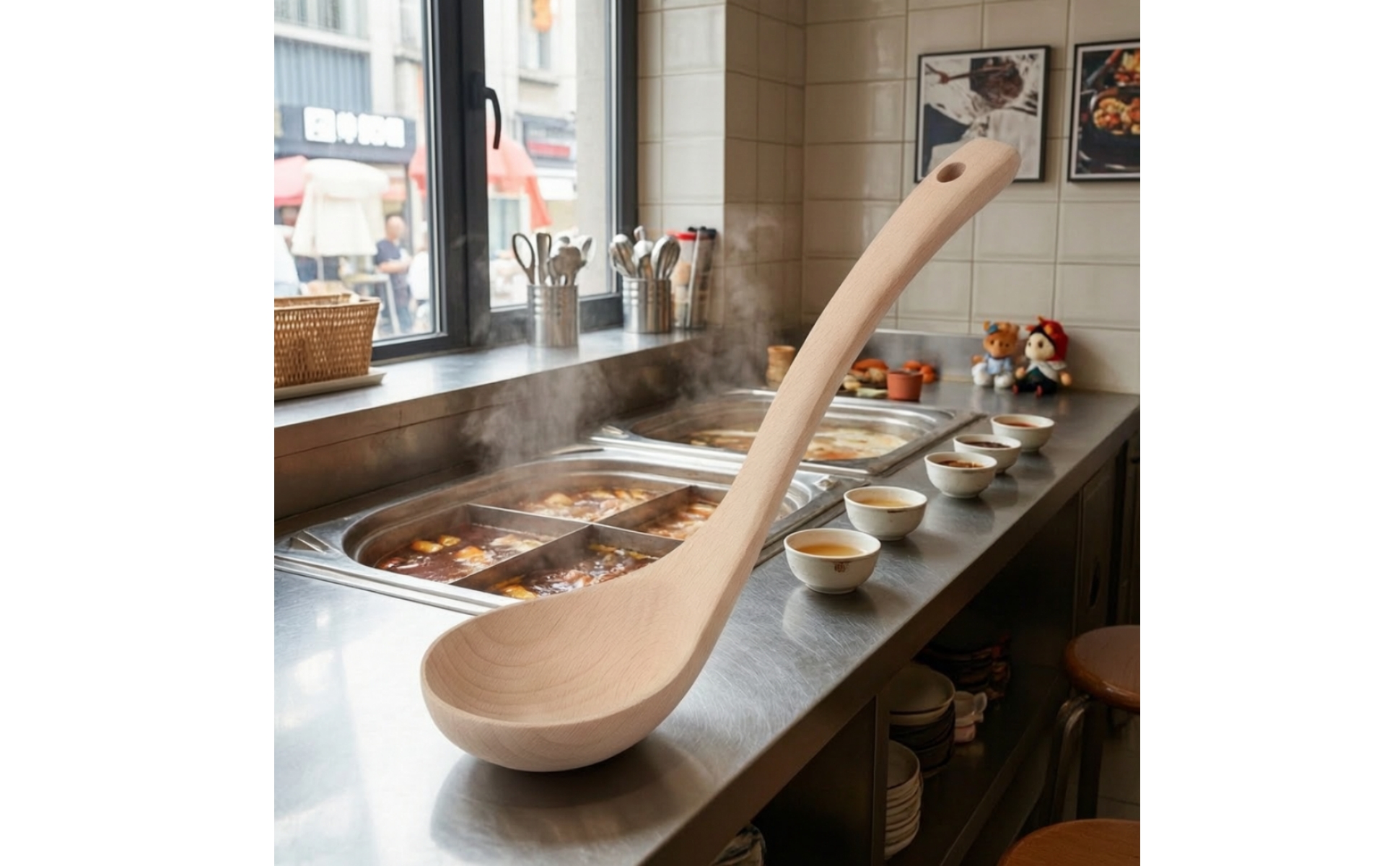 Wooden Soup Ladle Beech Wood Soup Ladle with Long Handle Deep Bowl for Kitchen