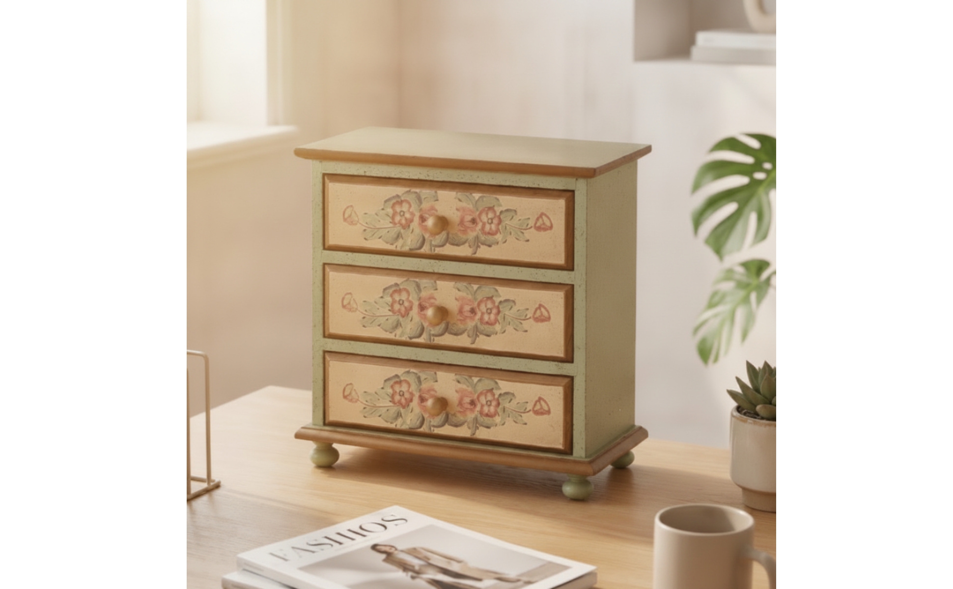 Tabletop Storage Cabinet Vintage Desktop Organizer Hand-Painted for Vanity, Desk