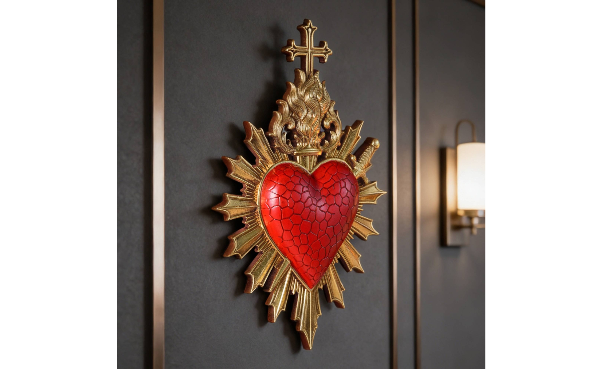Sacred Heart Plaque Gothic Heart Wall Decor with Cross Religious for Entryway
