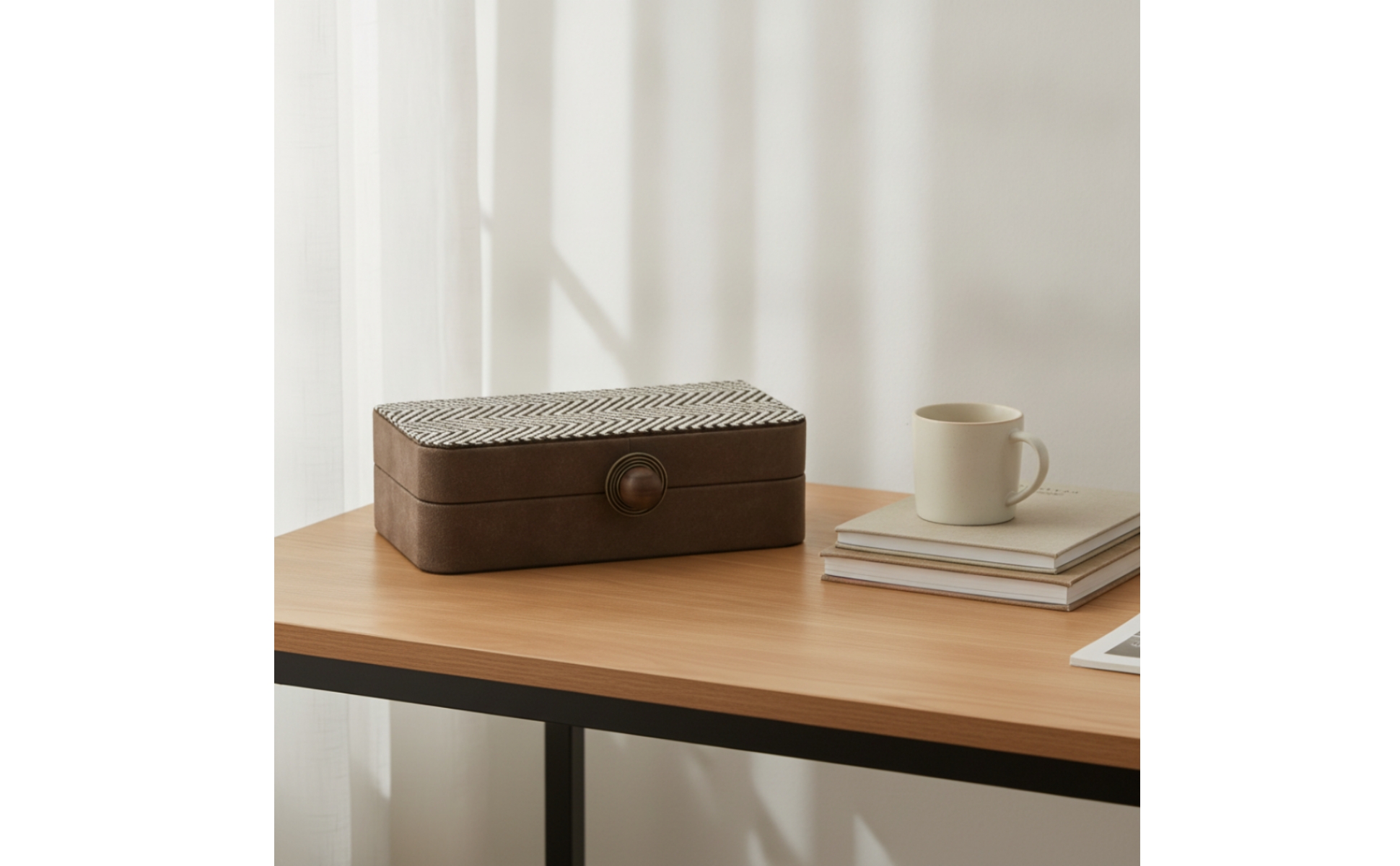 Tissue Box with Wooden Knob Leather-Like Desktop Storage Box Striped for Vanity