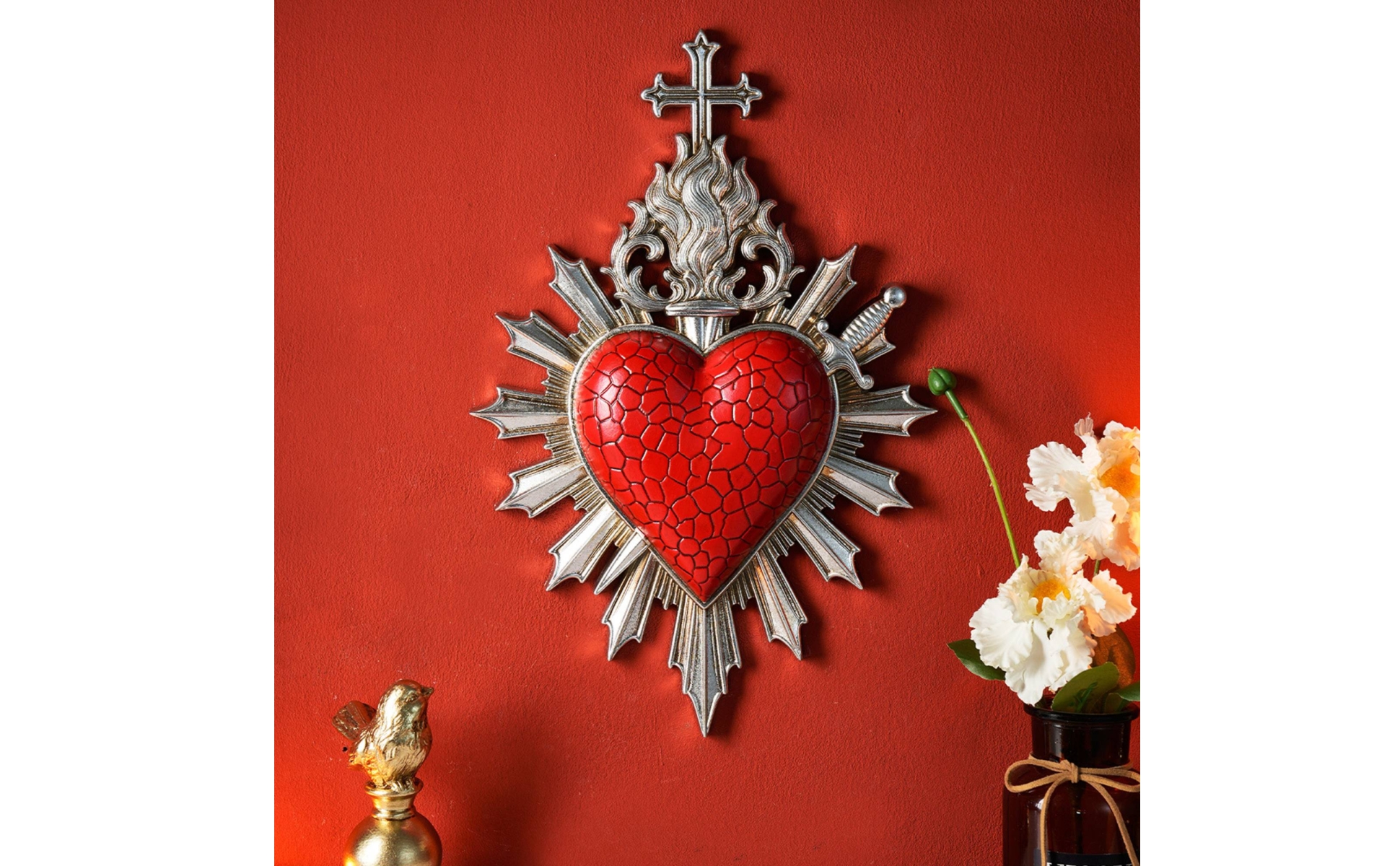 Sacred Heart Plaque Gothic Heart Wall Decor with Cross Religious for Entryway