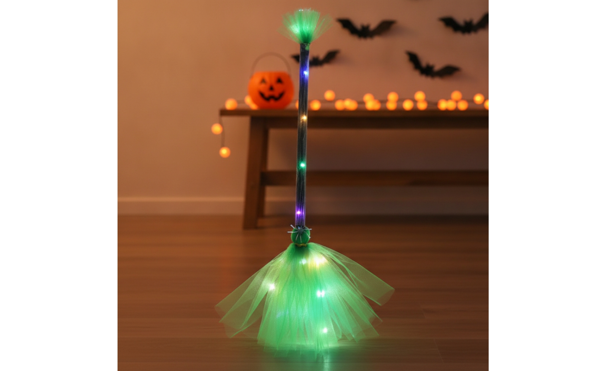 Witch Broom with LED Lights Light-up Witch Broom with Tulle Skirt Glowing
