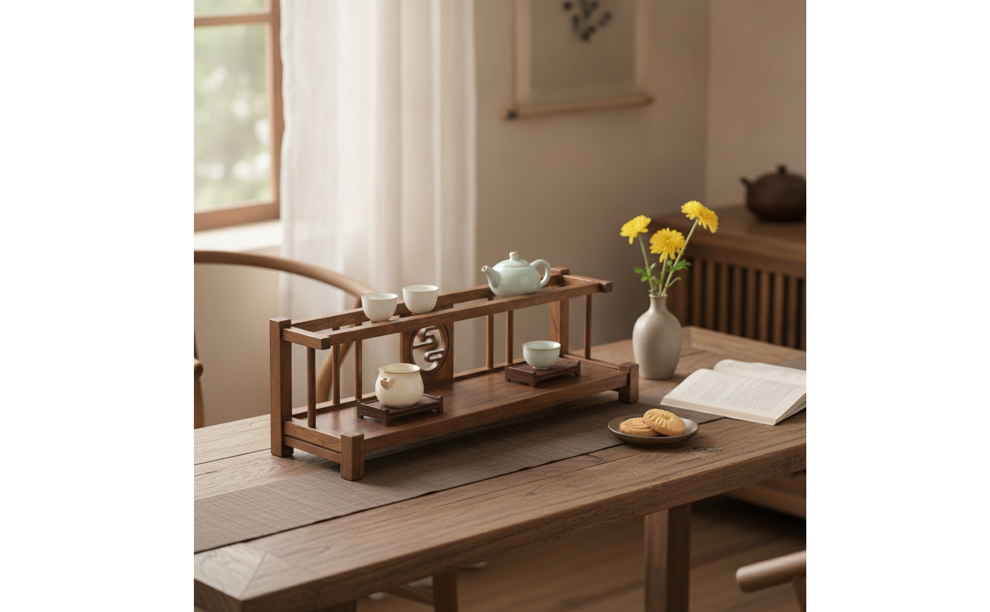 Wooden Display Rack Traditional Tea Table Organizer Decorative
