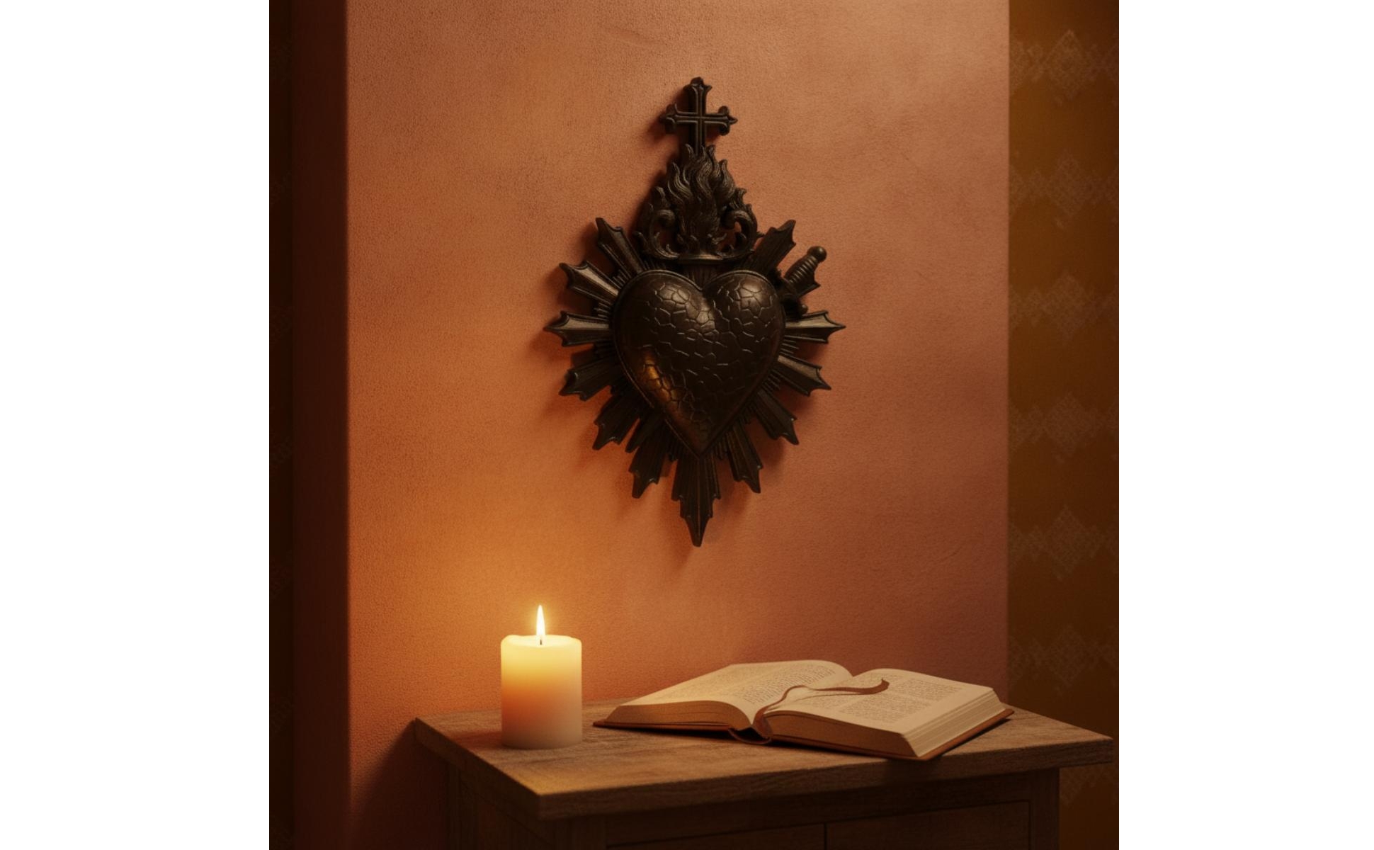 Sacred Heart Plaque Gothic Heart Wall Decor with Cross Religious for Entryway