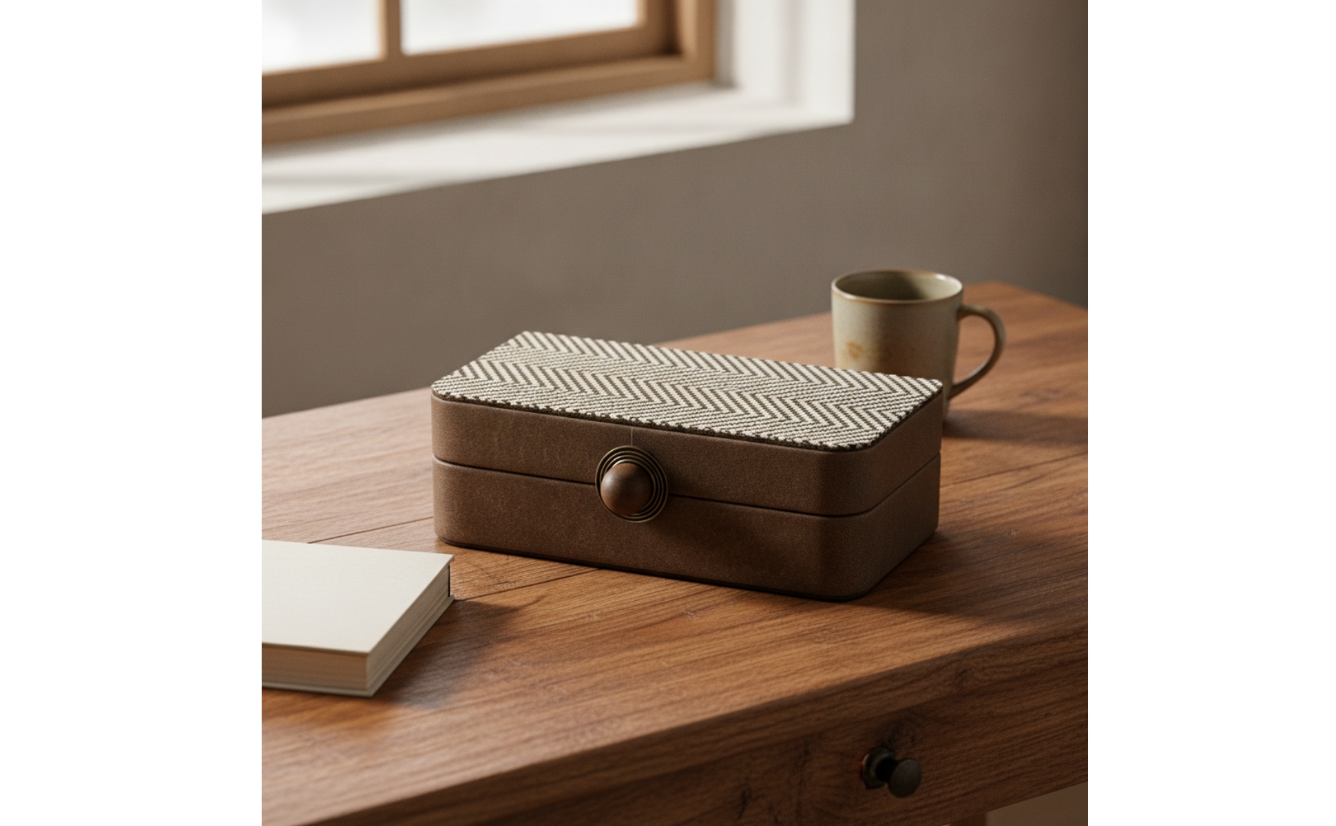 Tissue Box with Wooden Knob Leather-Like Desktop Storage Box Striped for Vanity