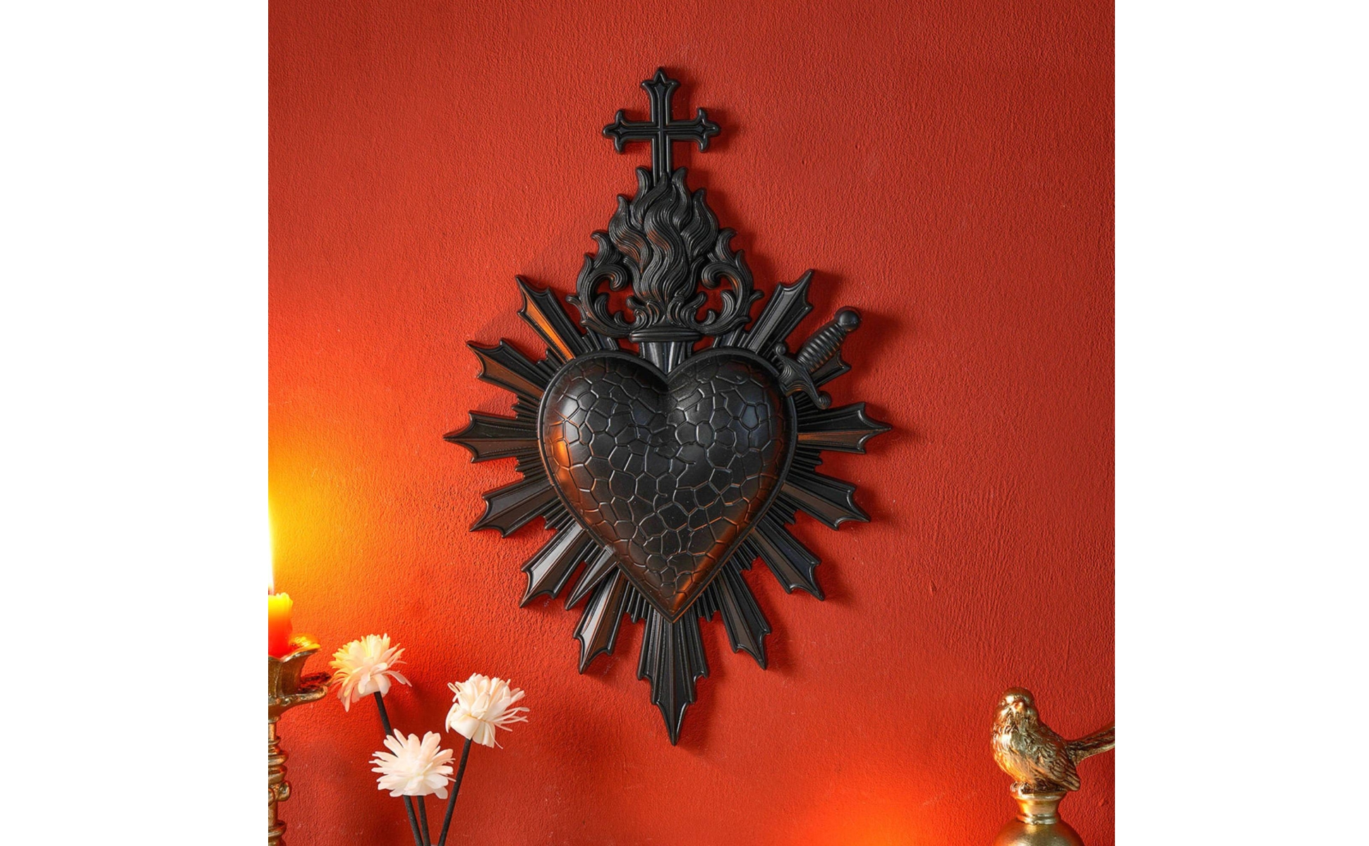Sacred Heart Plaque Gothic Heart Wall Decor with Cross Religious for Entryway