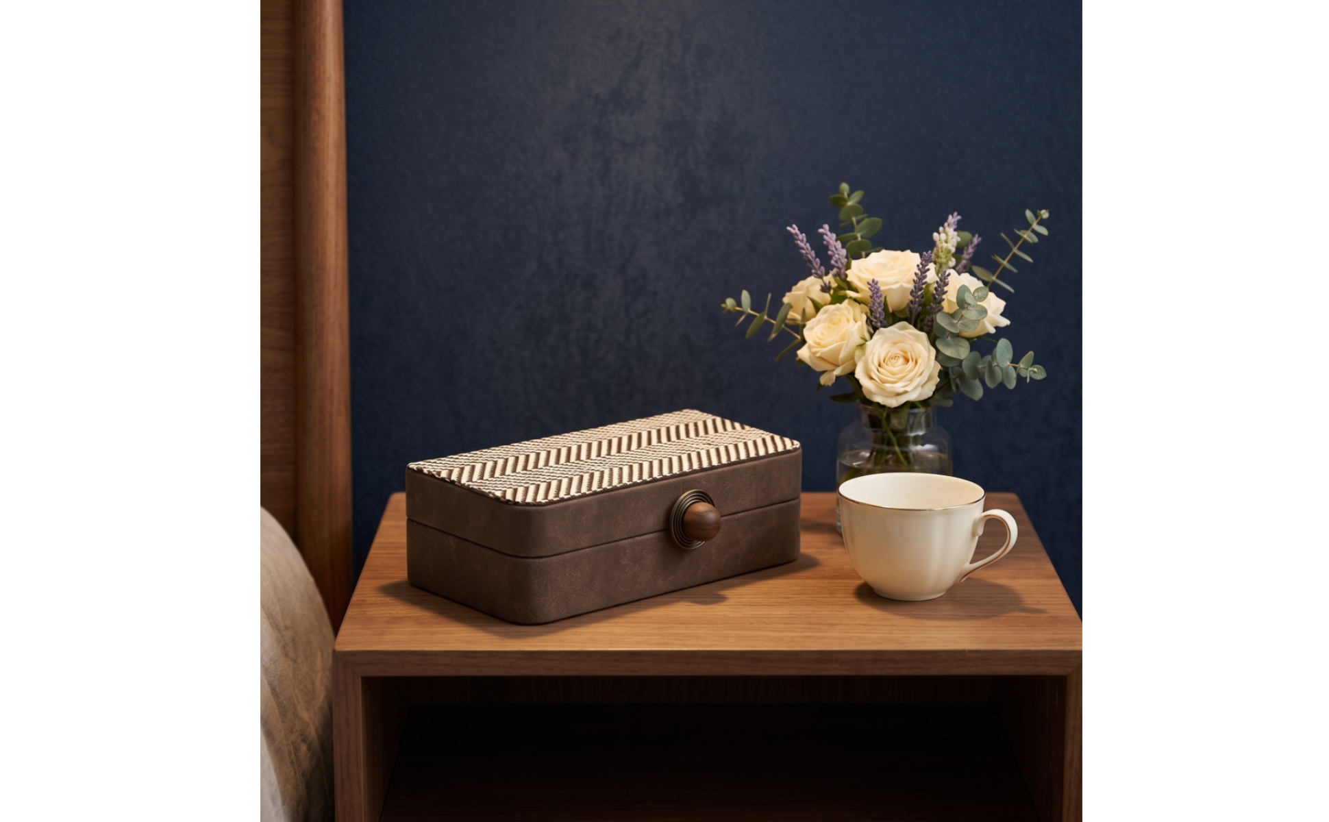 Tissue Box with Wooden Knob Leather-Like Desktop Storage Box Striped for Vanity