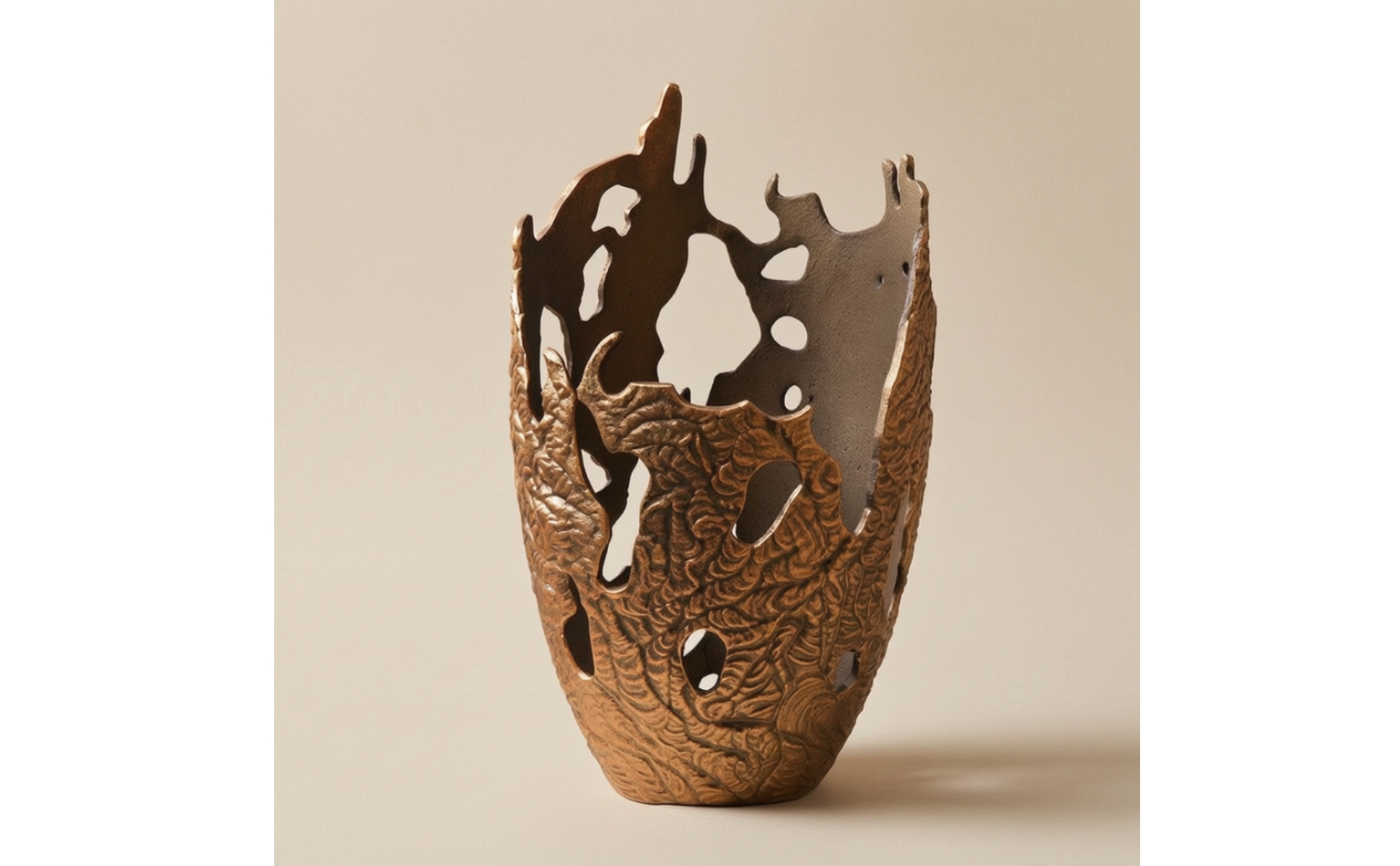 Openwork Metal Vase Sculpture Gold-Bronze Cast Aluminum Sculpture Textured