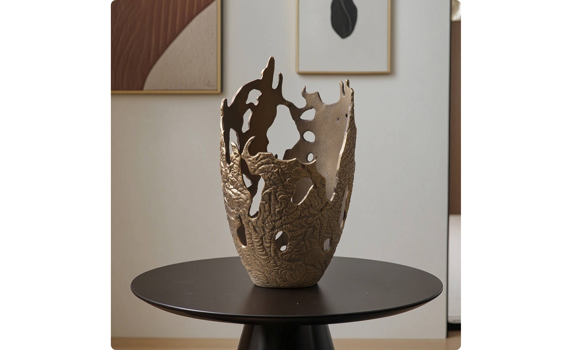 Openwork Metal Vase Sculpture Gold-Bronze Cast Aluminum Sculpture Textured