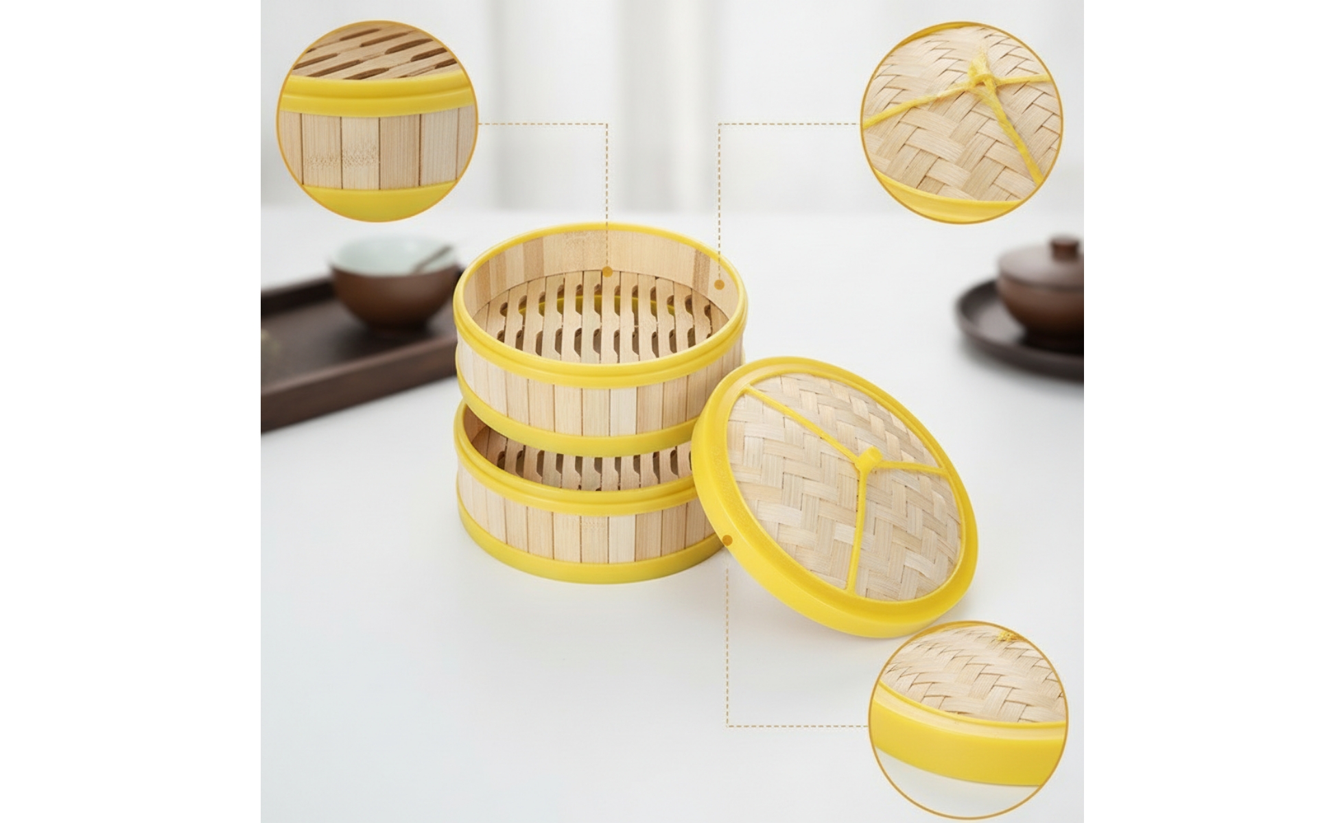 2 Pieces Bamboo Steamer with Lid 食品グレード 竹蒸し籠 Woven for Bite-Sized Appetizers Sum