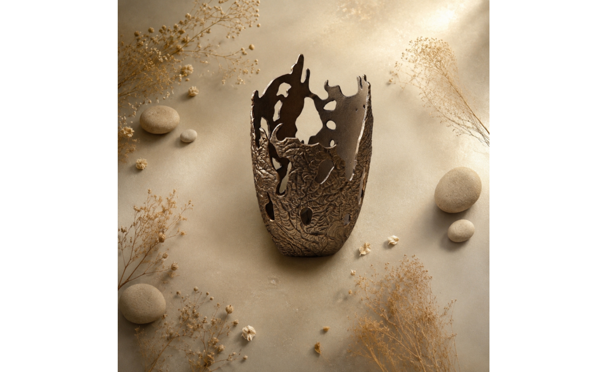 Openwork Metal Vase Sculpture Gold-Bronze Cast Aluminum Sculpture Textured