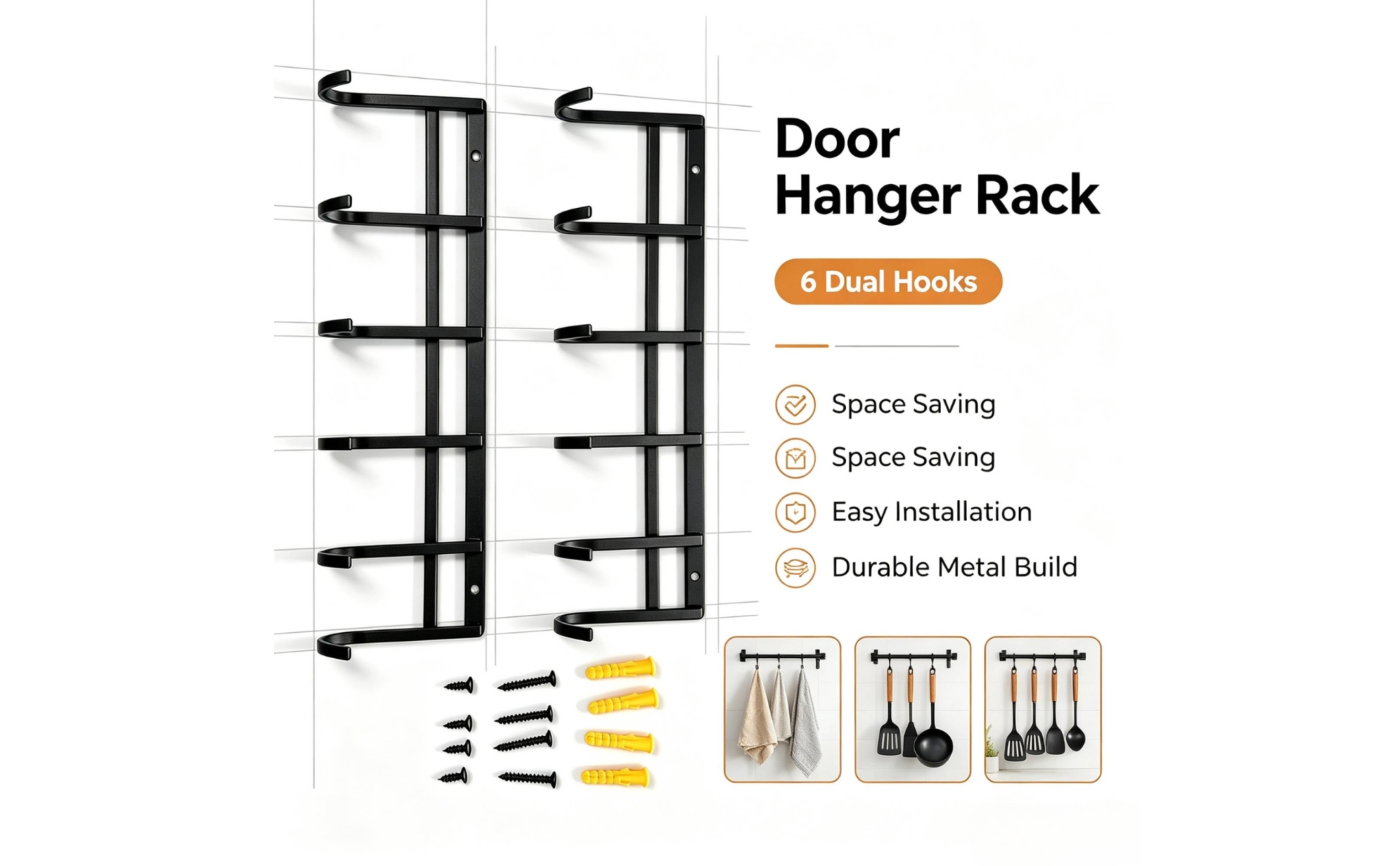 2 Pieces Wall-Mounted Coat Rack with Hooks Slim Coat Rack with Hooks for Kitchen