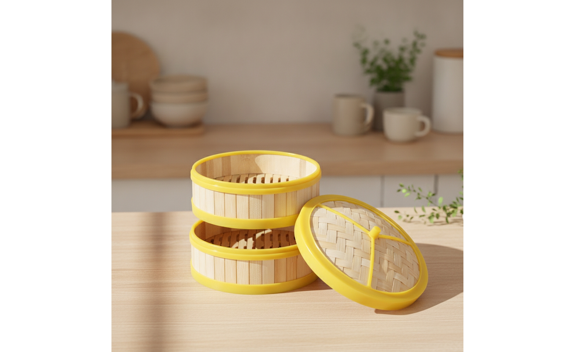 2 Pieces Bamboo Steamer with Lid 食品グレード 竹蒸し籠 Woven for Bite-Sized Appetizers Sum