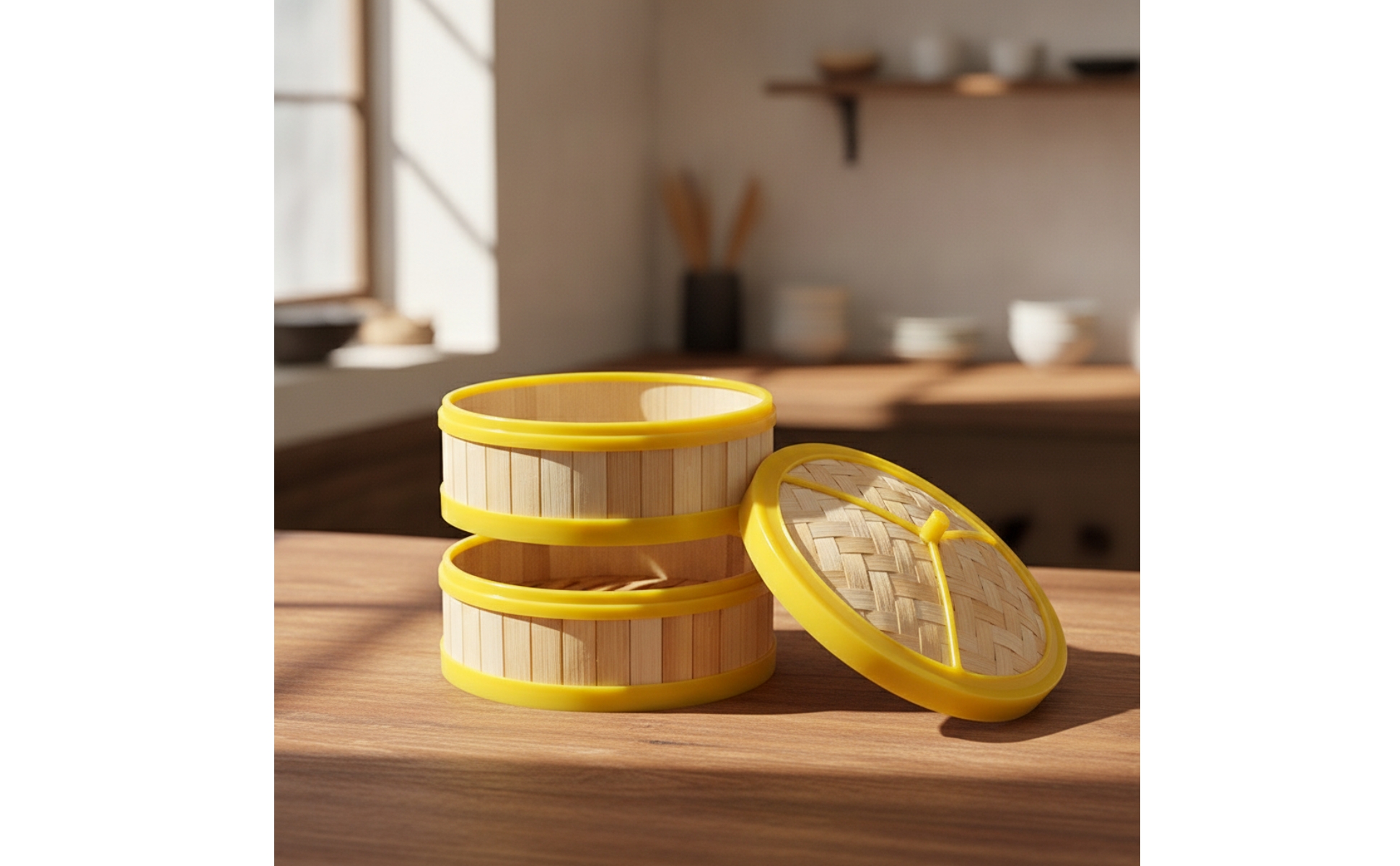 2 Pieces Bamboo Steamer with Lid 食品グレード 竹蒸し籠 Woven for Bite-Sized Appetizers Sum