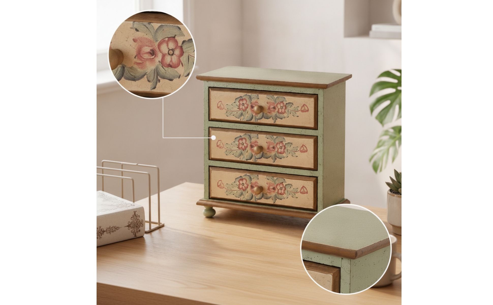 Tabletop Storage Cabinet Vintage Desktop Organizer Hand-Painted for Vanity, Desk