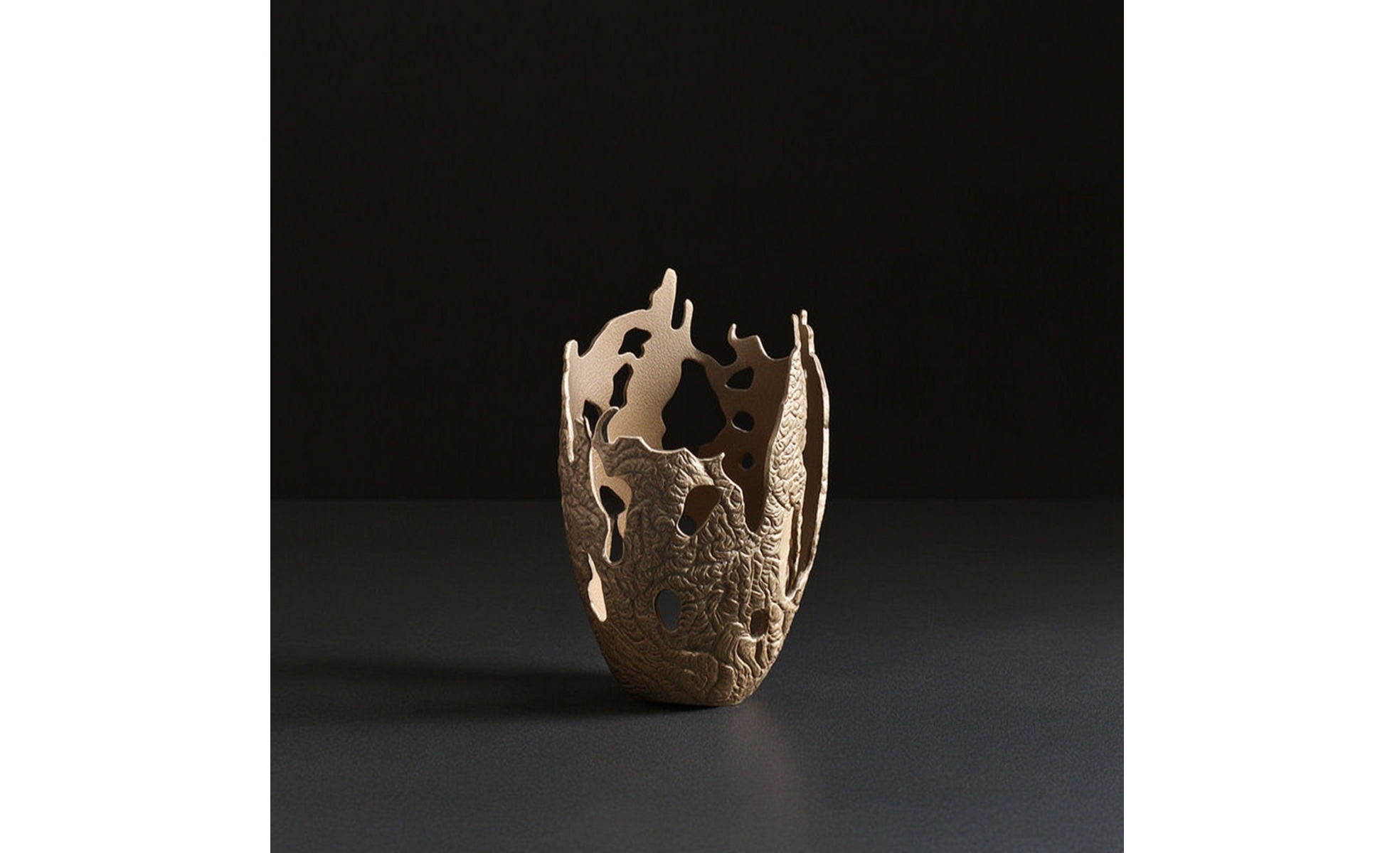 Openwork Metal Vase Sculpture Gold-Bronze Cast Aluminum Sculpture Textured