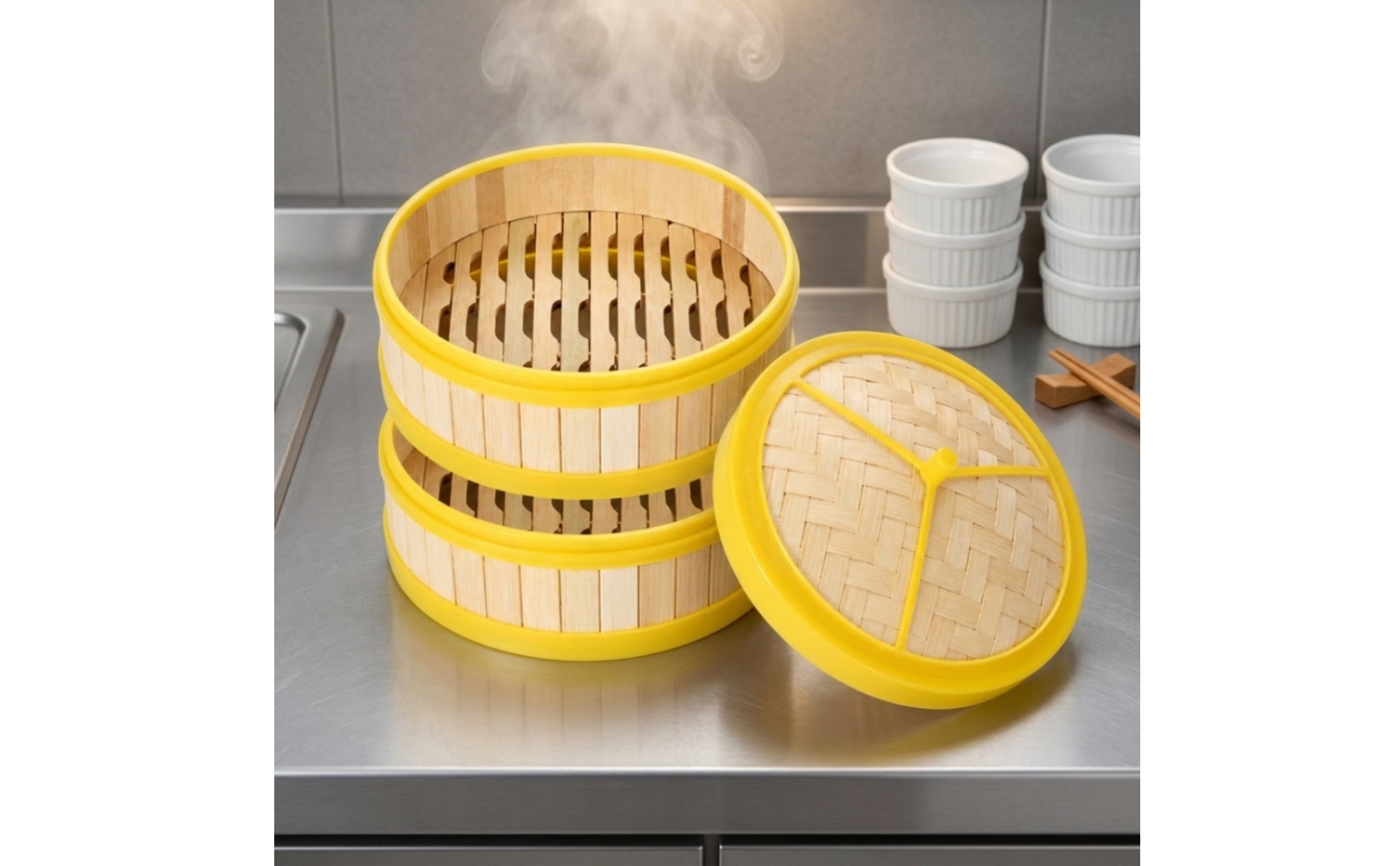 2 Pieces Bamboo Steamer with Lid 食品グレード 竹蒸し籠 Woven for Bite-Sized Appetizers Sum