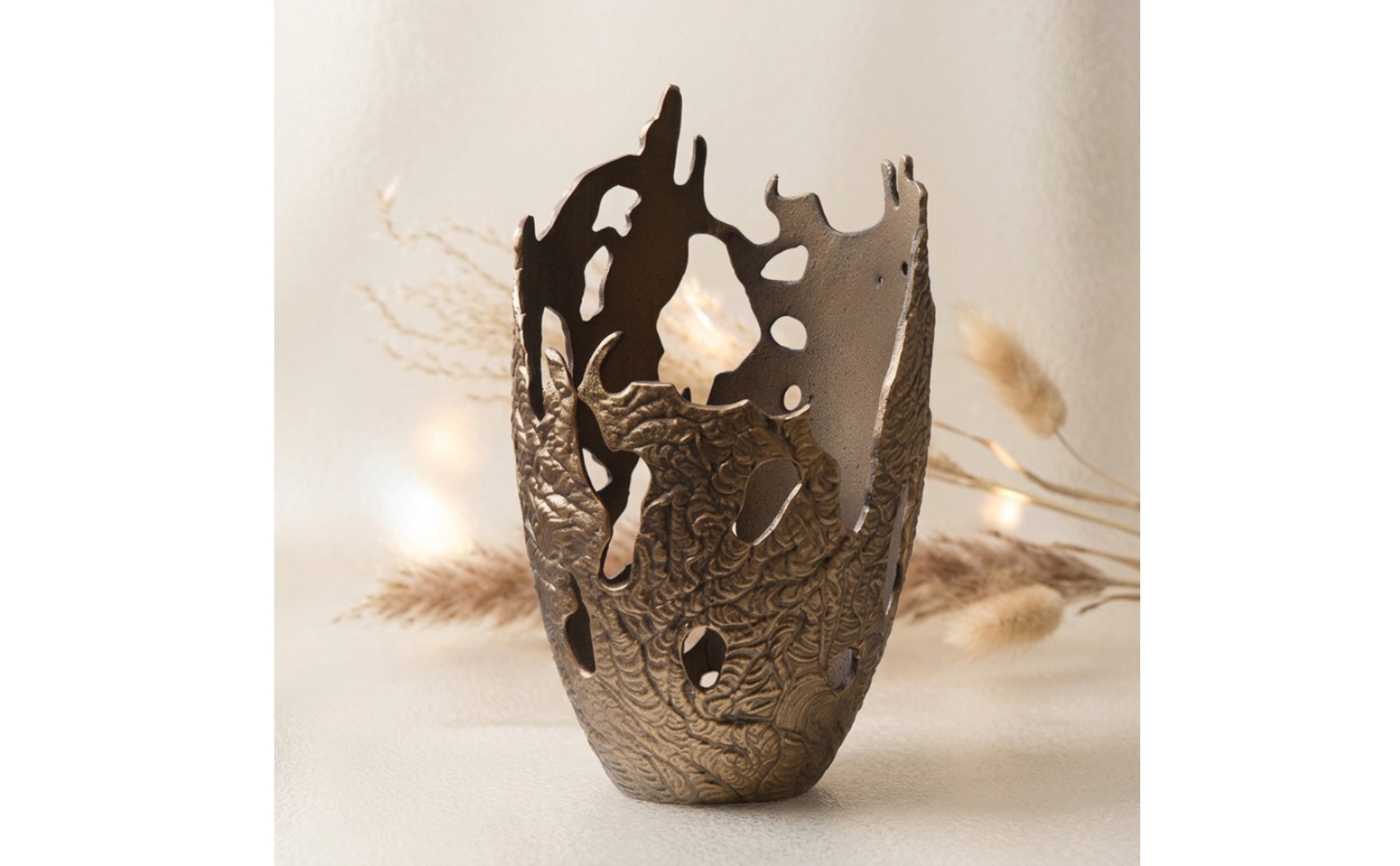 Openwork Metal Vase Sculpture Gold-Bronze Cast Aluminum Sculpture Textured
