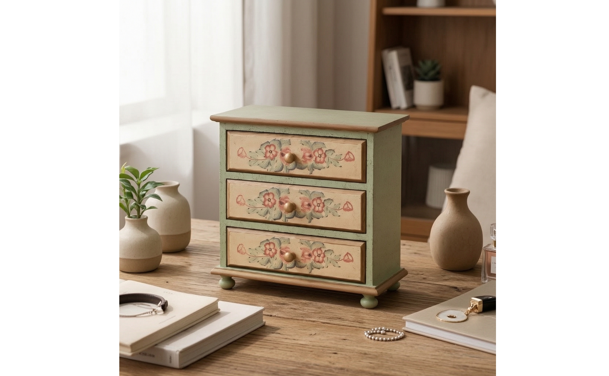 Tabletop Storage Cabinet Vintage Desktop Organizer Hand-Painted for Vanity, Desk