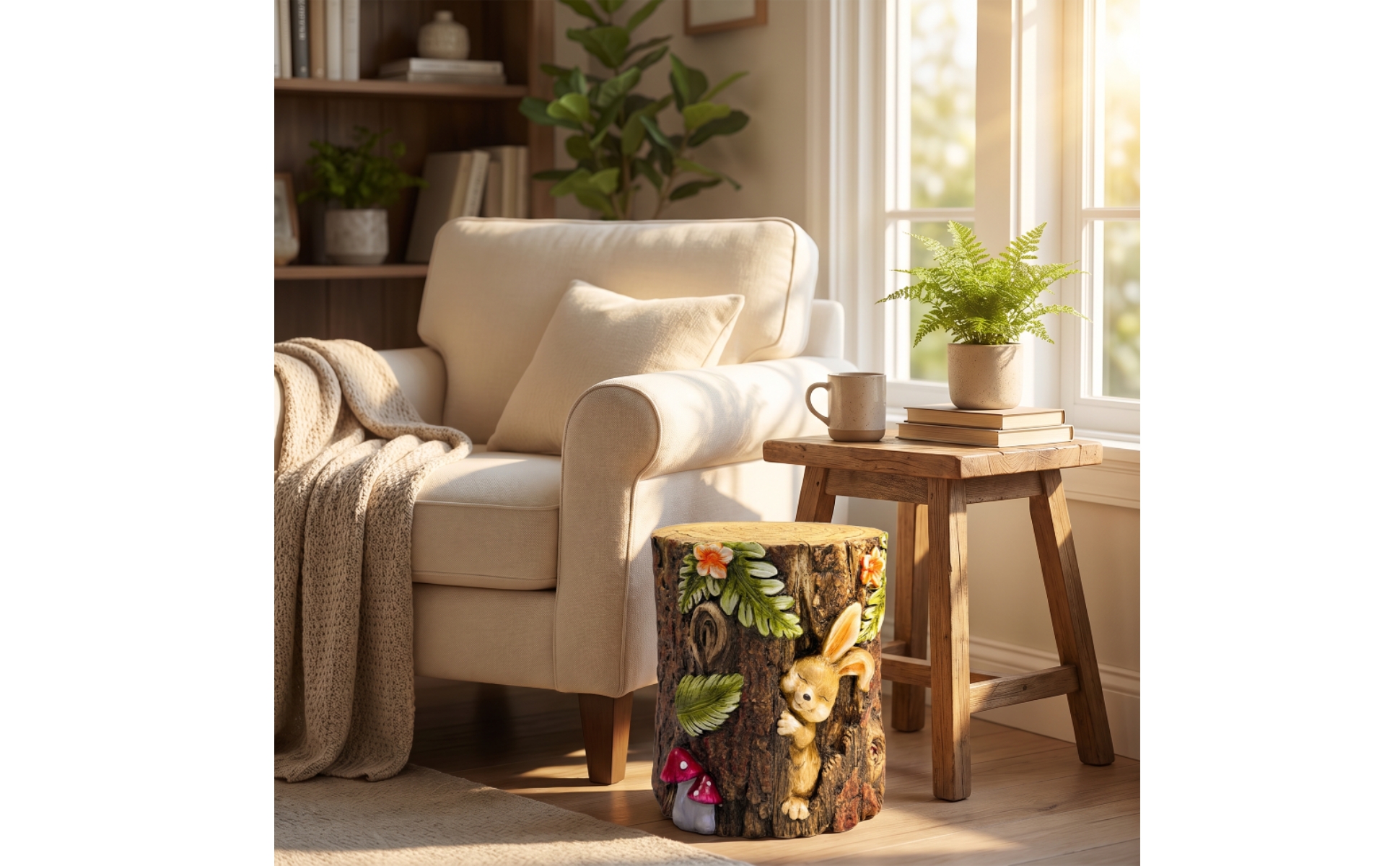Tree Stump Stool Rustic Stool with Faux Bark Texture Decorative for Patio
