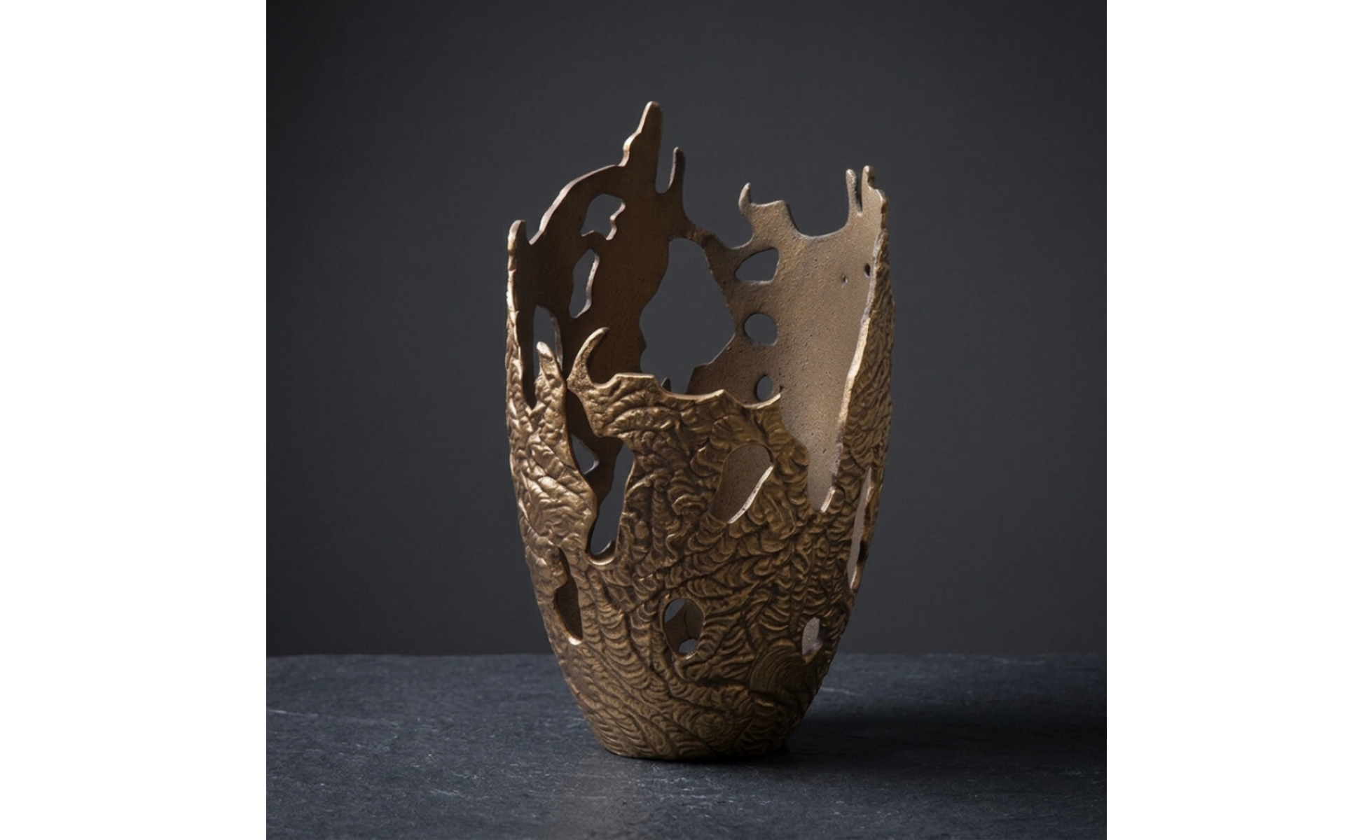 Openwork Metal Vase Sculpture Gold-Bronze Cast Aluminum Sculpture Textured