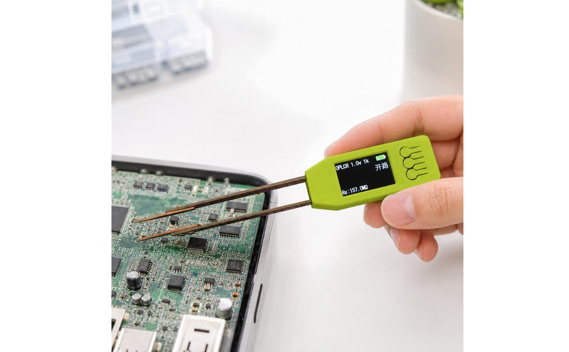 Bridge-Design Tweezer Tester Green Plastic Housing Tweezer Component Tester