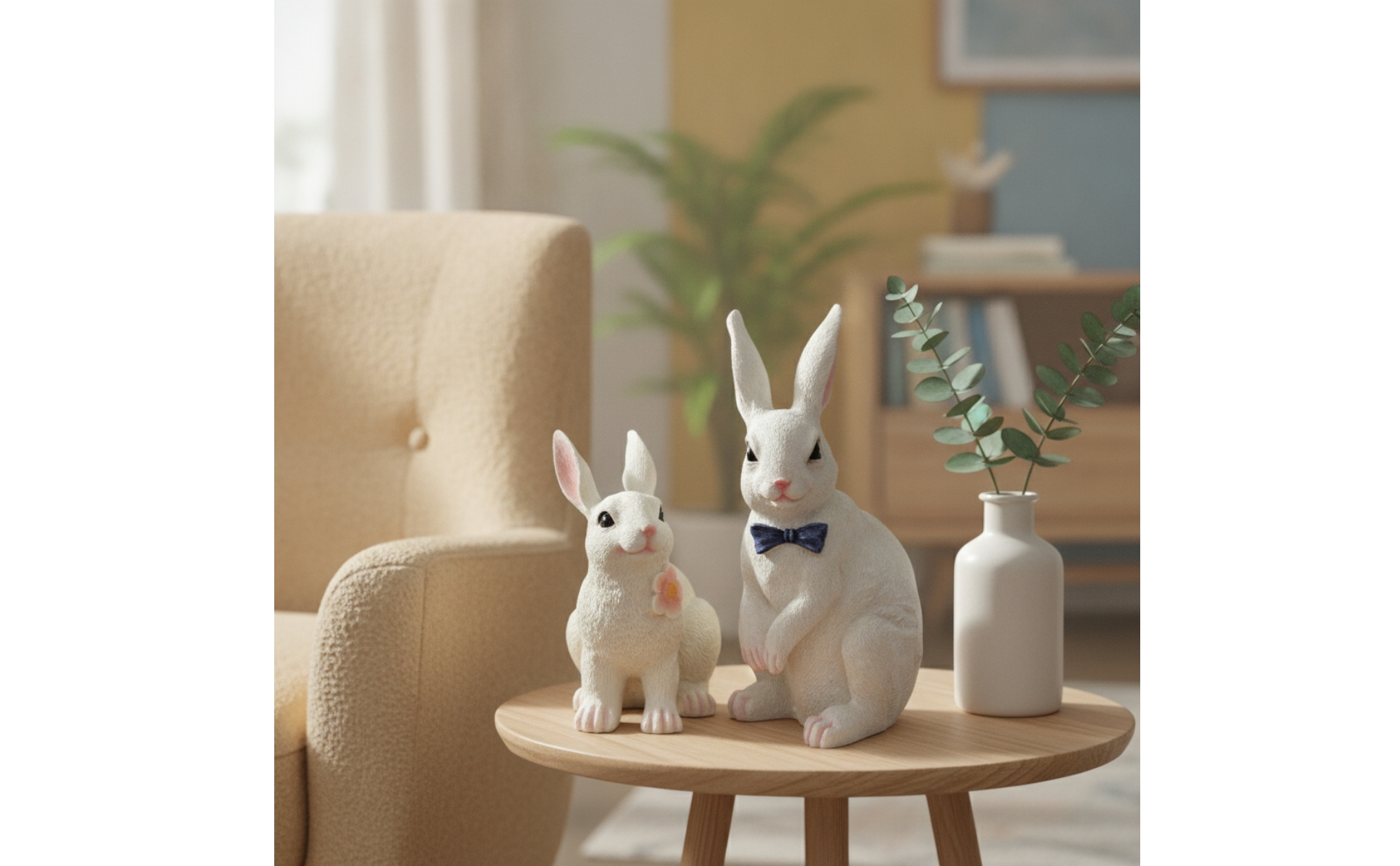 Rabbit Statue with Bow Tie Resin Bunny Figurine with Bow Sculpted for Homeowners