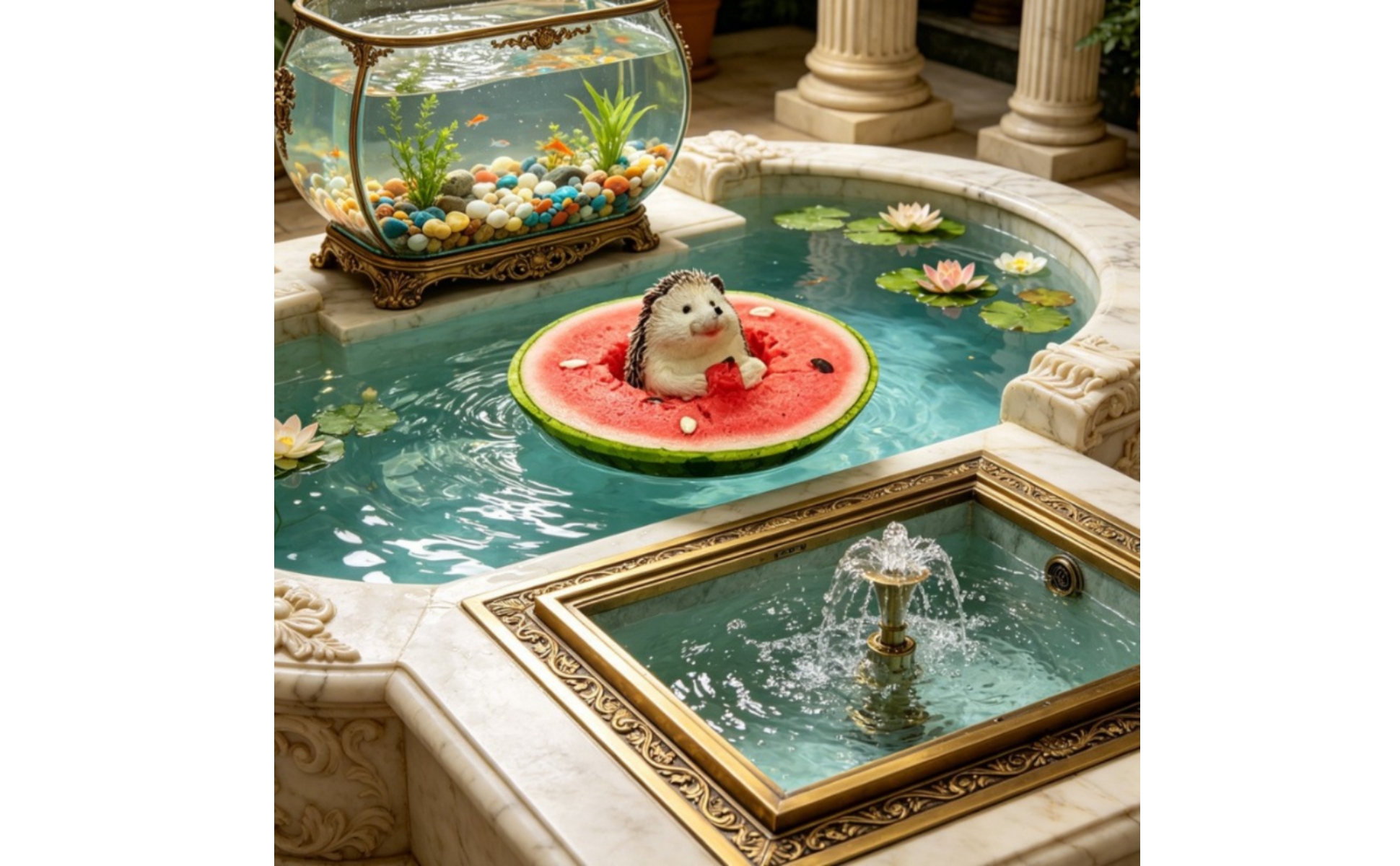 Floating Watermelon with Hedgehog Miniature Resin Watermelon Ornament for Ponds