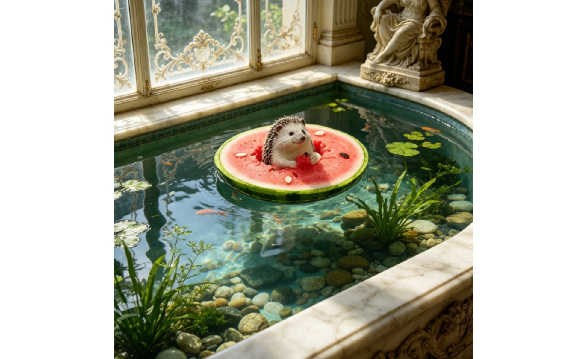 Floating Watermelon with Hedgehog Miniature Resin Watermelon Ornament for Ponds