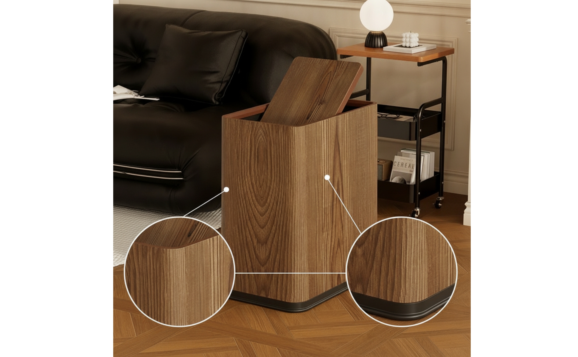 Mülleimer mit Klappdeckel Schmal Abfalleimer mit Holzoptik Platzsparend