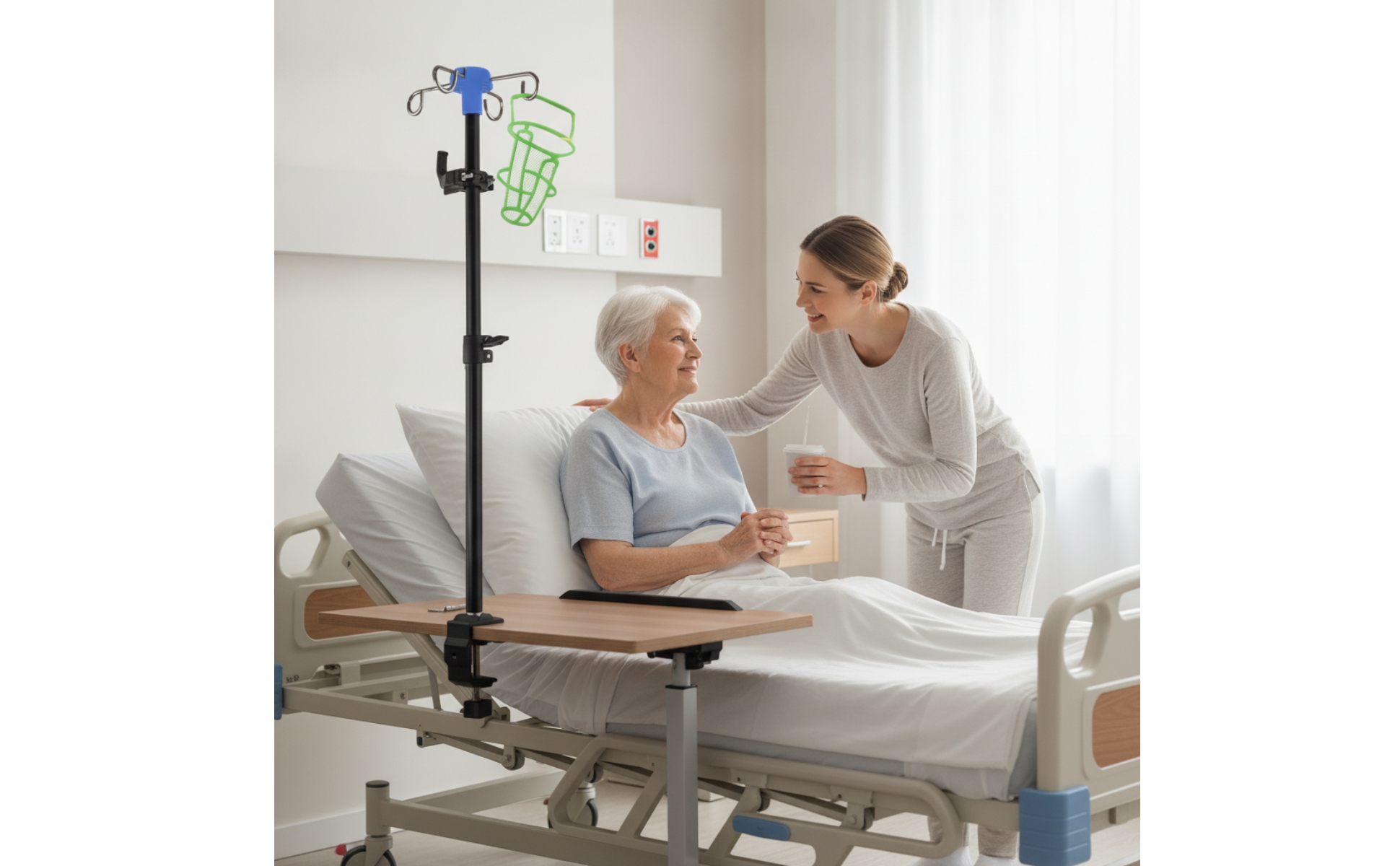 Bedside Intravenous Stand Adjustable Height IV Pole with Clamp Stainless Steel