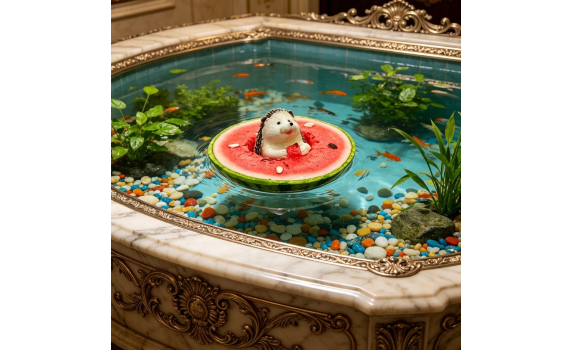 Floating Watermelon with Hedgehog Miniature Resin Watermelon Ornament for Ponds