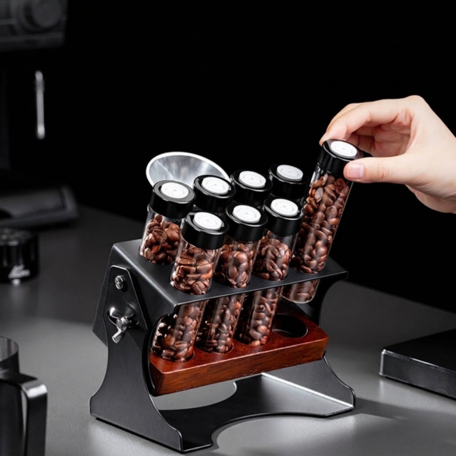Kaffeebohnen-Organizer mit Glasröhrchen neigbar für Kaffeeecke, Kaffeeliebhaber - Produktbild 5