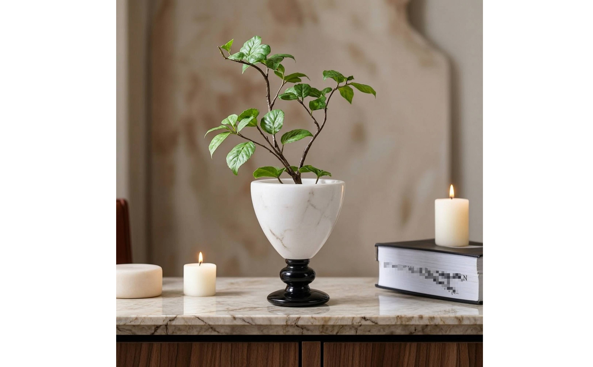 Stone Flower Vessel Marble-Like Vase with Pedestal Ornamental for Dining Table