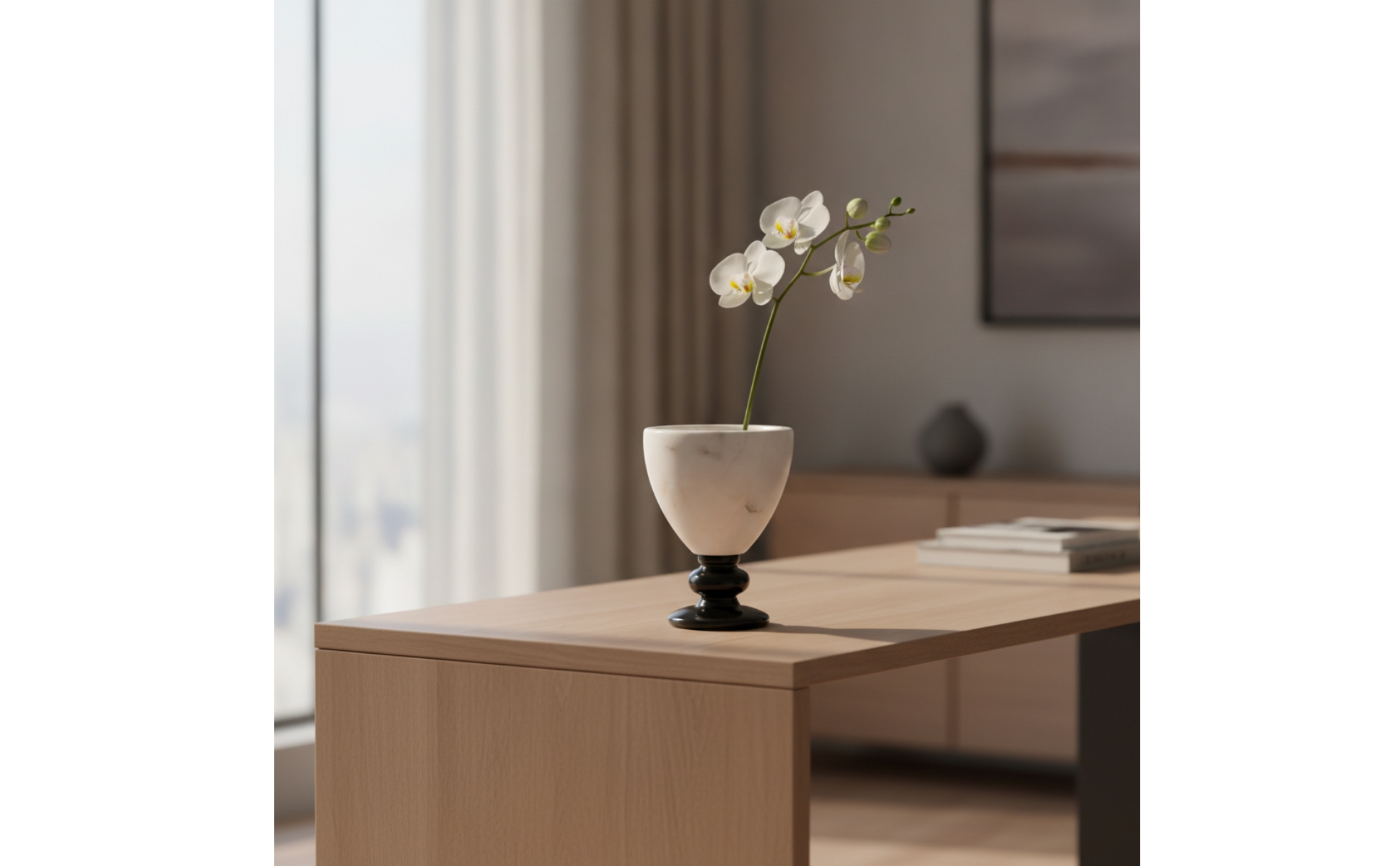 Stone Flower Vessel Marble-Like Vase with Pedestal Ornamental for Dining Table