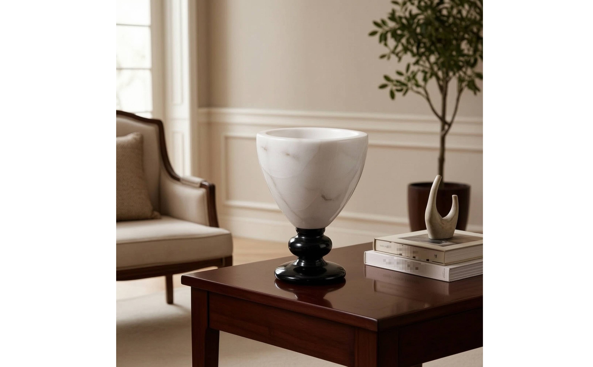 Stone Flower Vessel Marble-Like Vase with Pedestal Ornamental for Dining Table