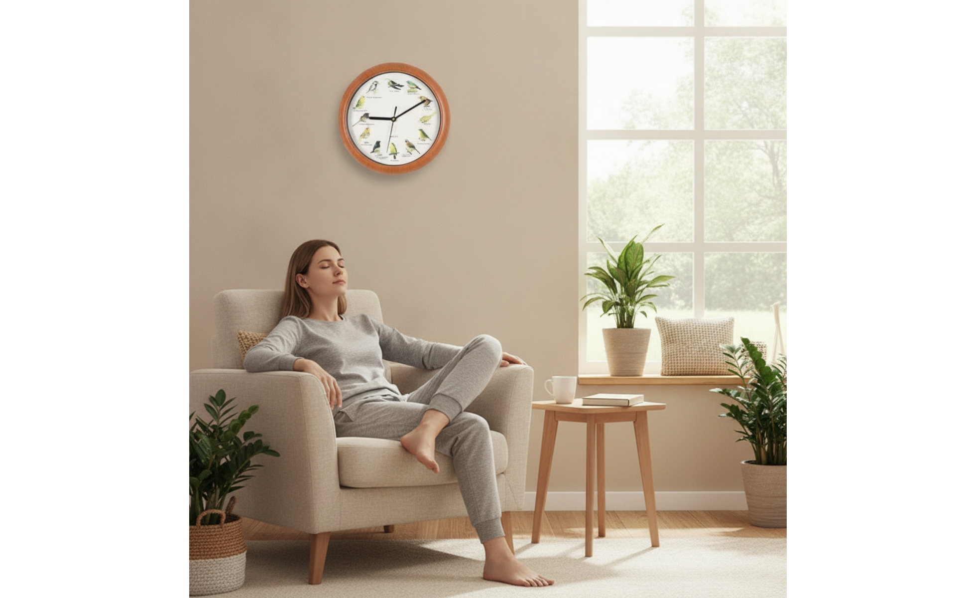 Wall Clock with Bird Sounds Non-Ticking for Living Room, Bedroom
