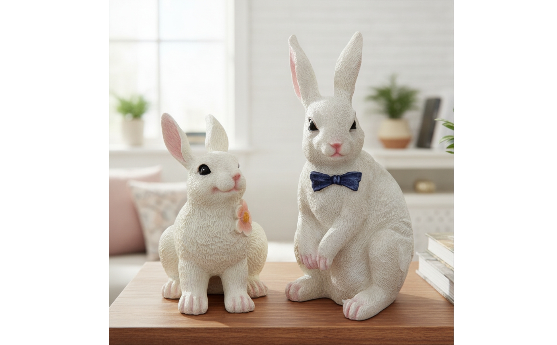 Rabbit Statue with Bow Tie Resin Bunny Figurine with Bow Sculpted for Homeowners