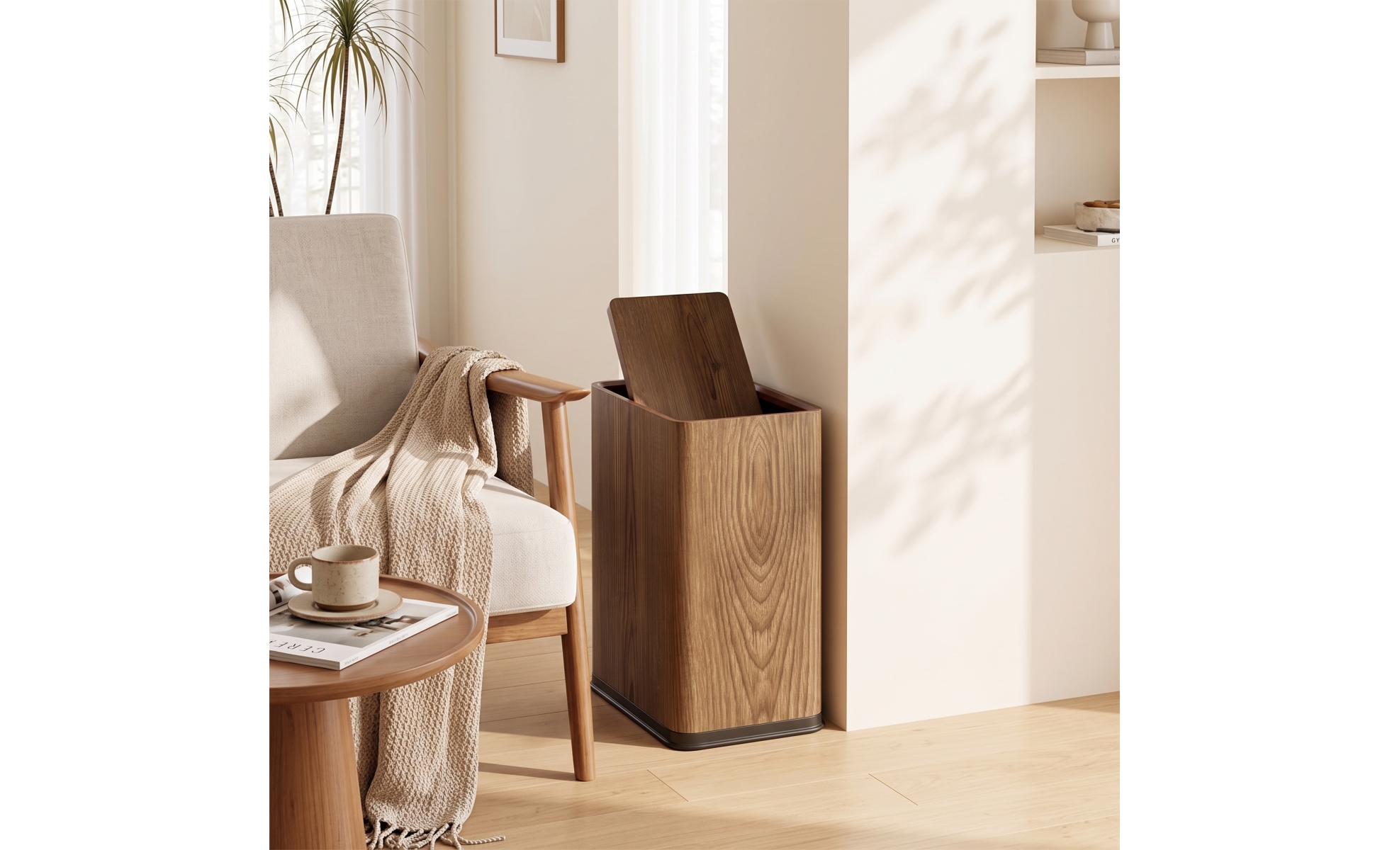 Mülleimer mit Klappdeckel Schmal Abfalleimer mit Holzoptik Platzsparend