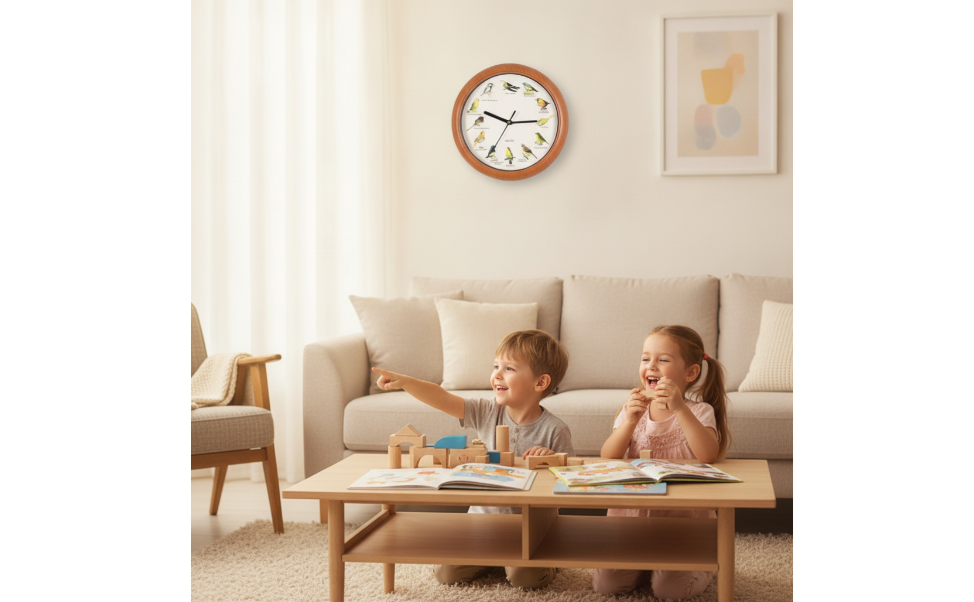 Wall Clock with Bird Sounds Non-Ticking for Living Room, Bedroom