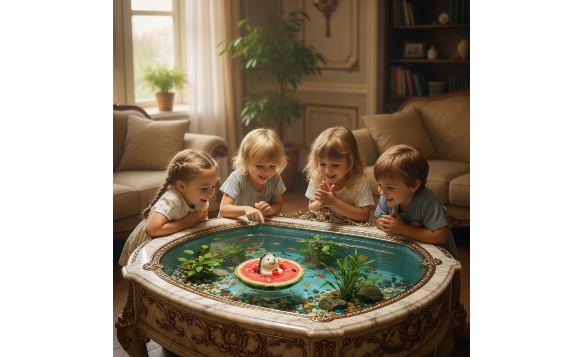 Floating Watermelon with Hedgehog Miniature Resin Watermelon Ornament for Ponds