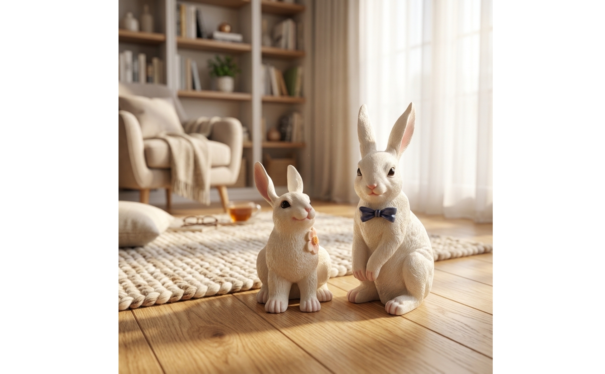 Rabbit Statue with Bow Tie Resin Bunny Figurine with Bow Sculpted for Homeowners