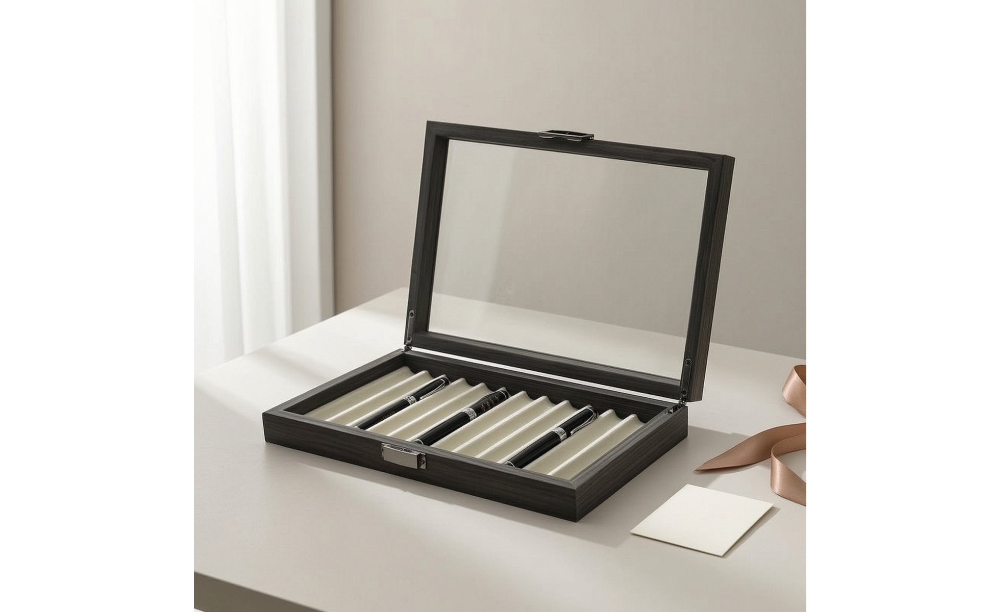 Pen Storage Box with Transparent Lid Wooden Pen Display Box Desktop for Office