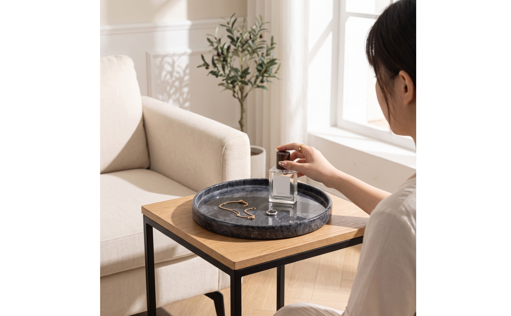 Marble Tray Round Marble Plate Raised Rim for Dressing Table, Entry Console