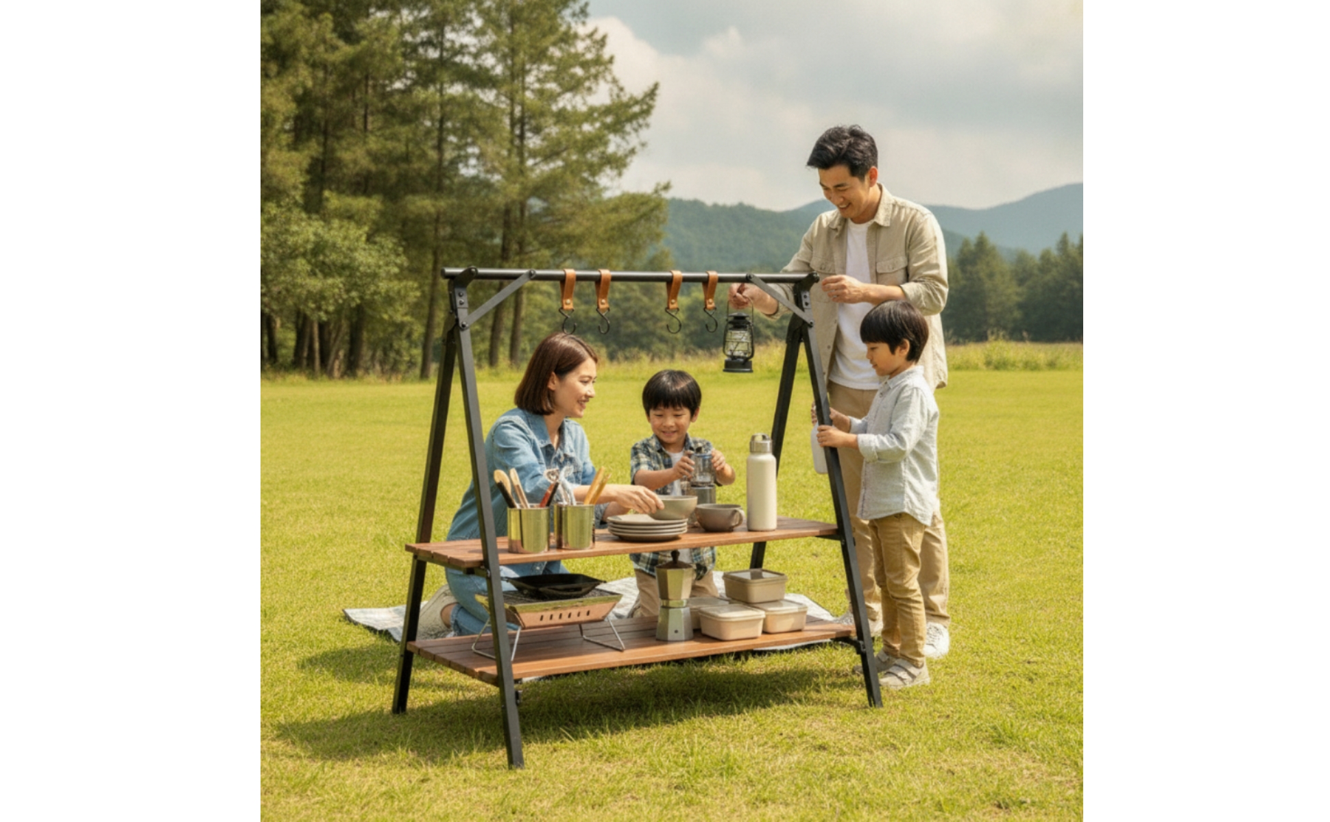 Camping Shelf with Carry Bag Foldable Folding Rack with Hangers Portable