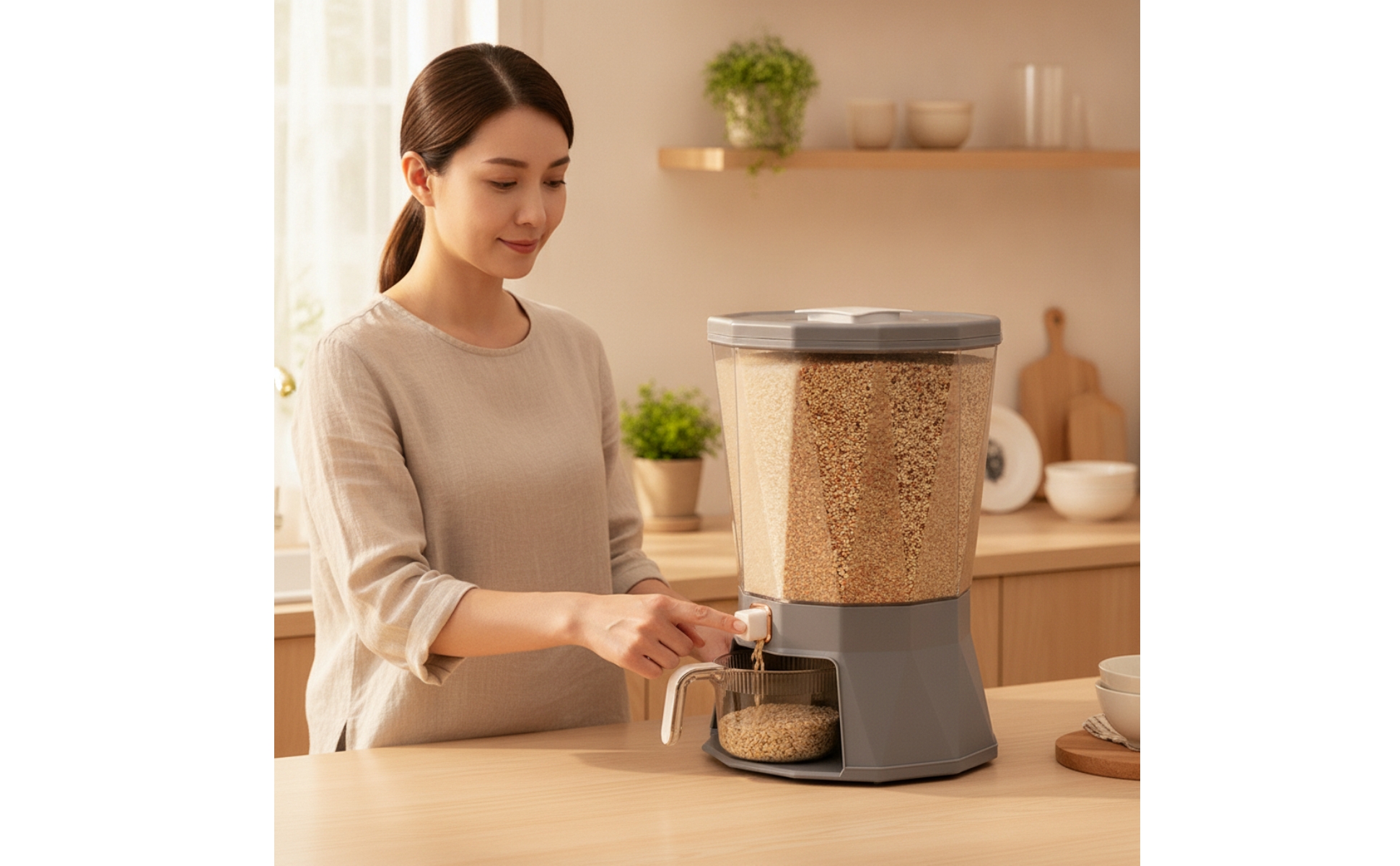 Rice Dispenser with Measuring Cup Rotating Grain Dispenser with Measuring Cup
