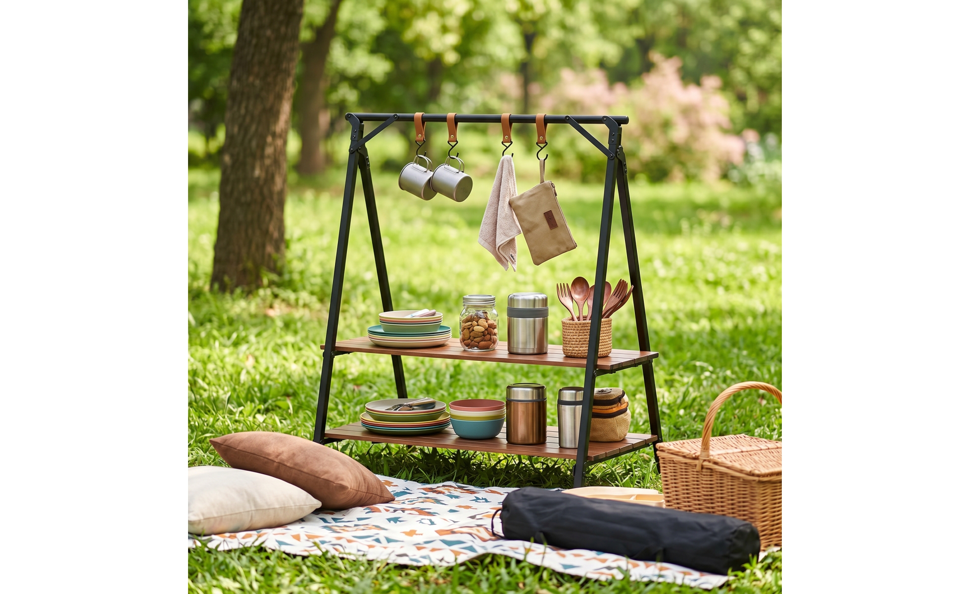 Camping Shelf with Carry Bag Foldable Folding Rack with Hangers Portable