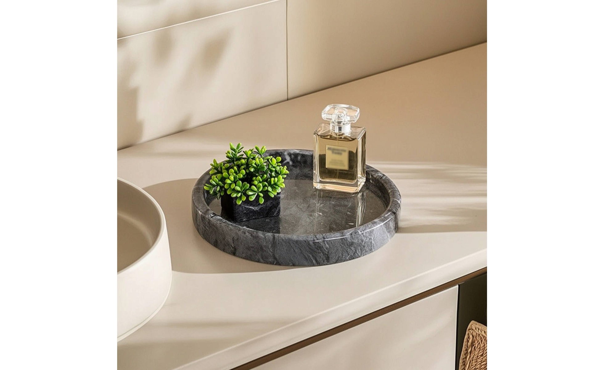 Marble Tray Round Marble Plate Raised Rim for Dressing Table, Entry Console
